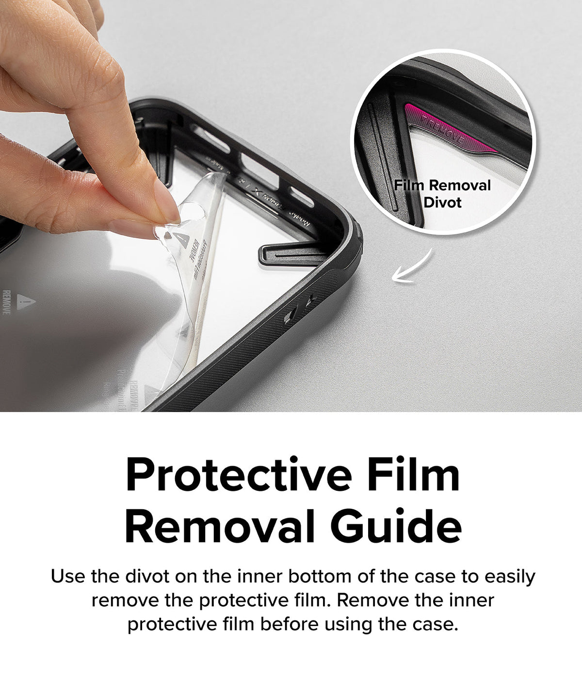 OnePlus 12R Case | Fusion-X - Hand peeling protective film from the inner surface of a black phone case via a corner divot.