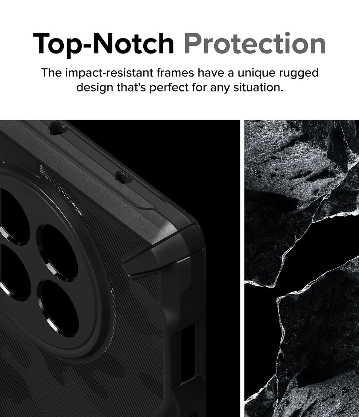 OnePlus 12R Case | Fusion-X - Close-up of a black rugged phone case next to a textured rock surface.