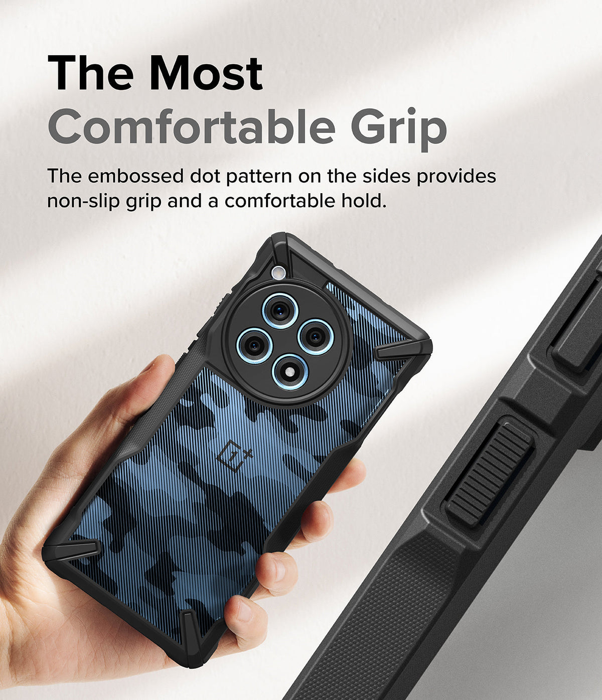 OnePlus 12R Case | Fusion-X - Hand holding a blue camo phone case with a textured, non-slip grip and reinforced corners.