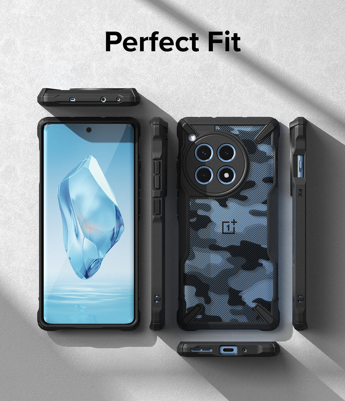 OnePlus 12R Case | Fusion-X - Multiple views of a black camouflage phone case showing front, back, and side profiles.