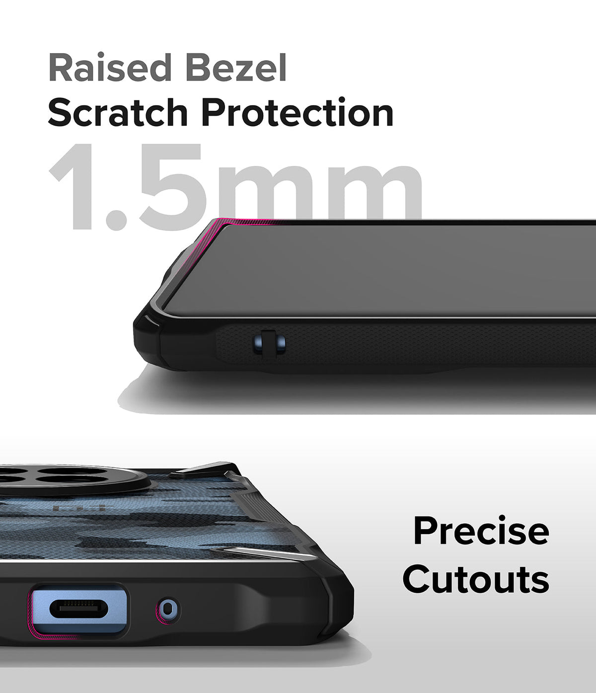 OnePlus 12R Case | Fusion-X - Close-up of phone case showing 1.5mm raised bezel for screen protection and precise port cutouts.