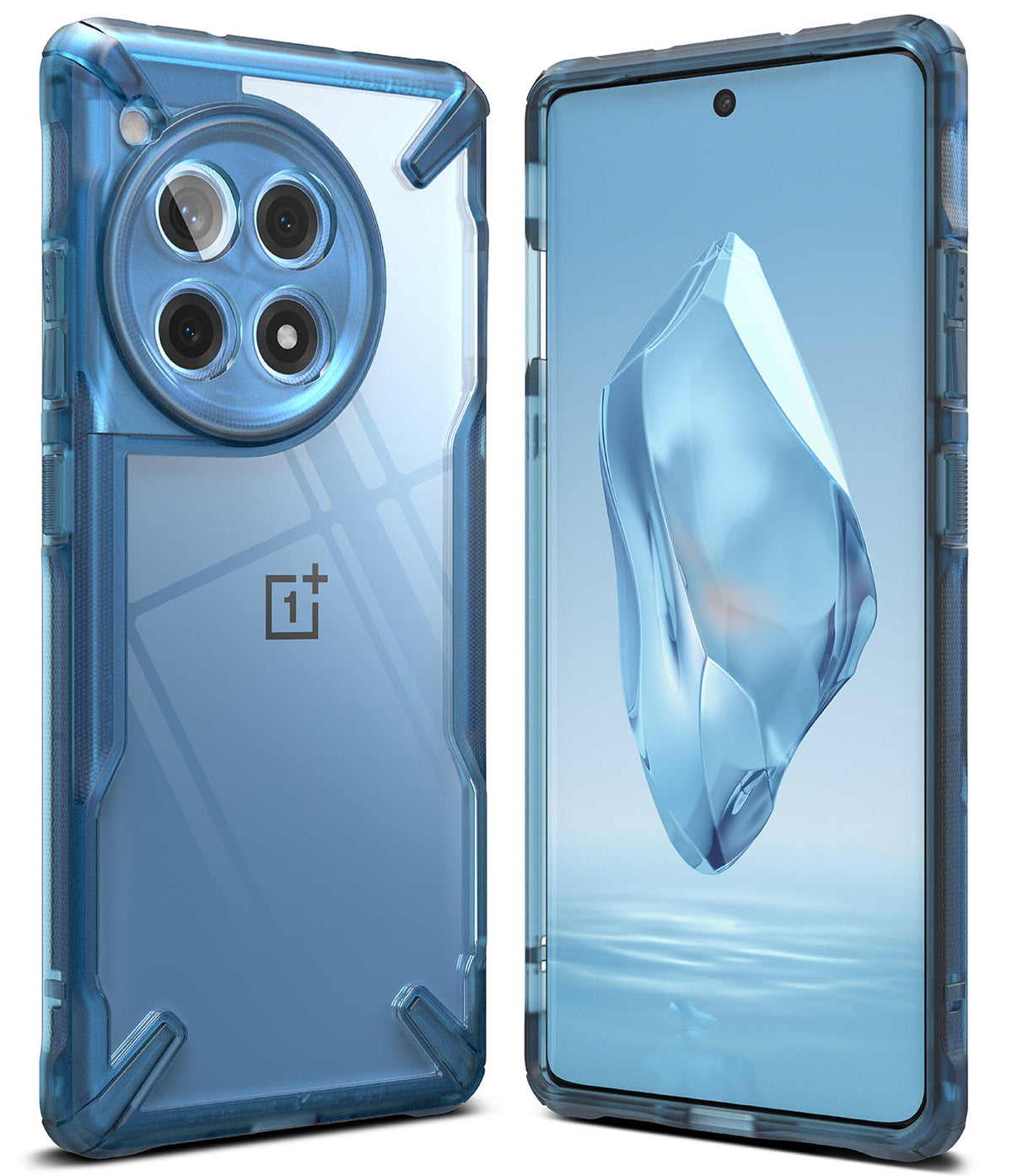 OnePlus 12R Case | Fusion-X - Blue transparent protective phone case shown from front and back angles.