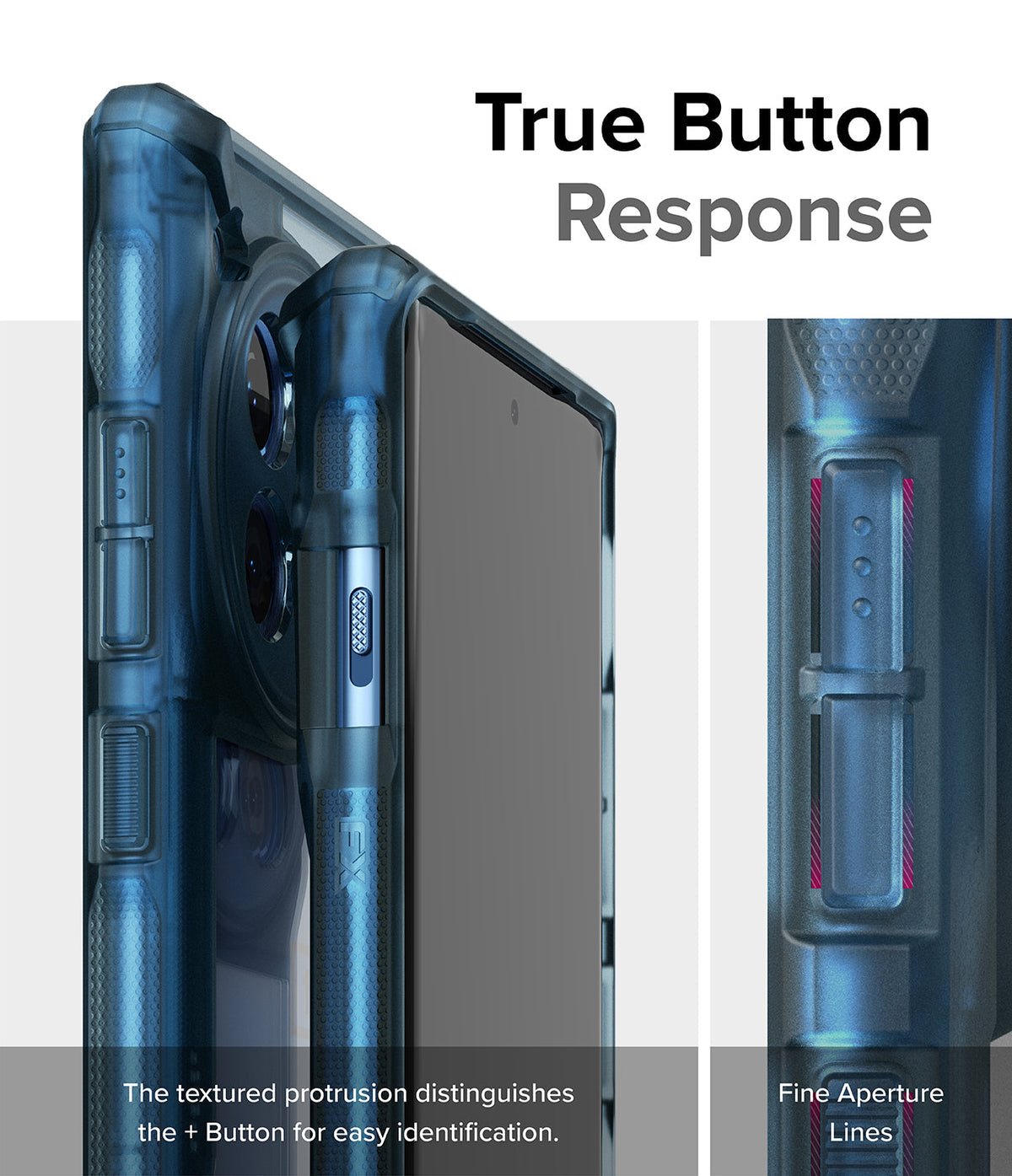 OnePlus 12R Case | Fusion-X - Close-up of blue phone case buttons with textured surfaces and aperture lines for tactile feedback.