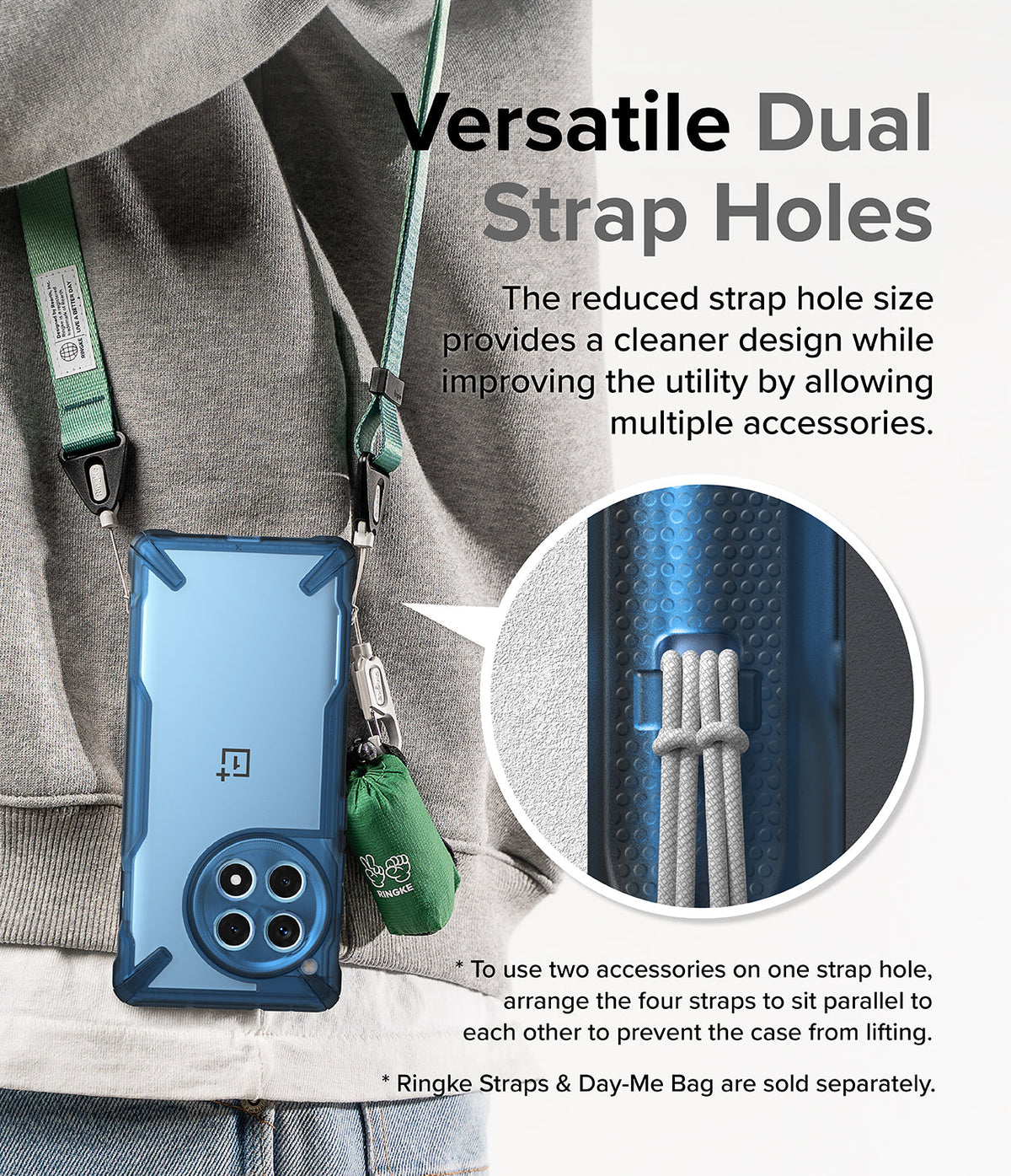 OnePlus 12R Case | Fusion-X - Blue phone case with dual strap holes, worn with a green lanyard and accessory bag.