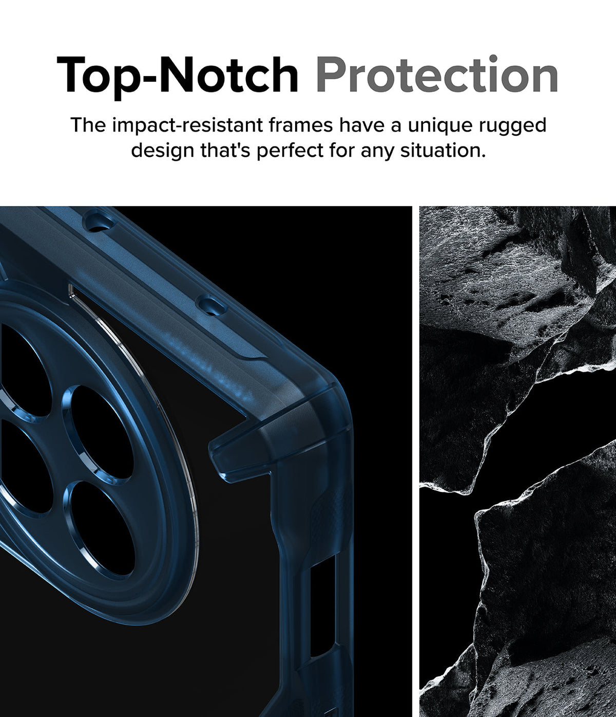 OnePlus 12R Case | Fusion-X - Close-up of a rugged blue phone case corner next to a textured black rock surface.