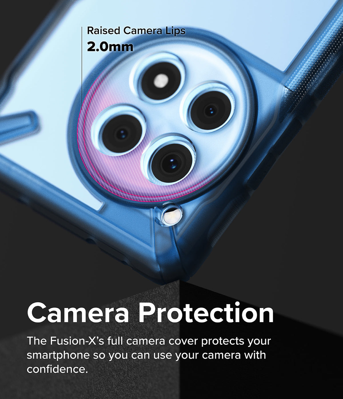 OnePlus 12R Case | Fusion-X - Close-up of phone case highlighting 2.0mm raised camera lips for lens protection.