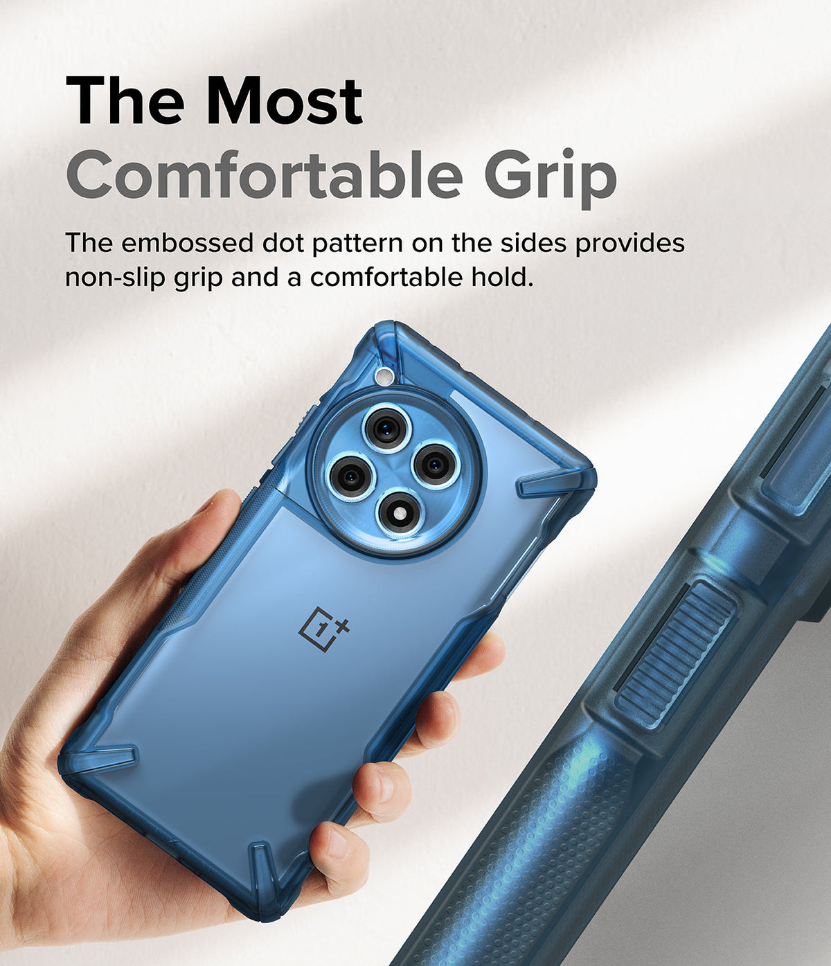 OnePlus 12R Case | Fusion-X - A hand holds a blue translucent phone case with a textured, non-slip dot pattern on the sides.