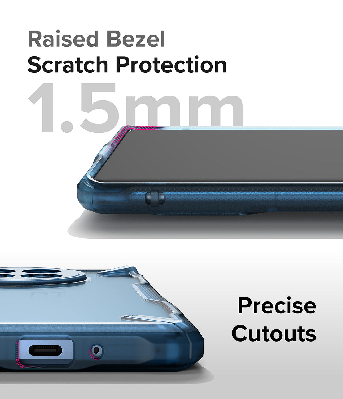 OnePlus 12R Case | Fusion-X - Close-up of phone case showing 1.5mm raised screen bezel and precise port cutouts.