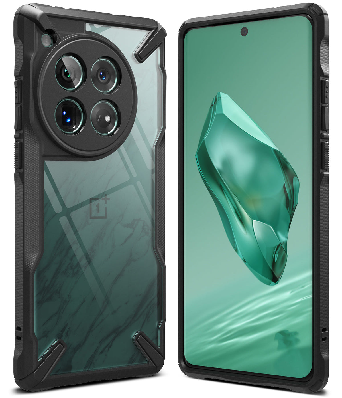 OnePlus 12 Case | Fusion-X - Black rugged protective case with a clear marble-pattern back and front view of the smartphone.