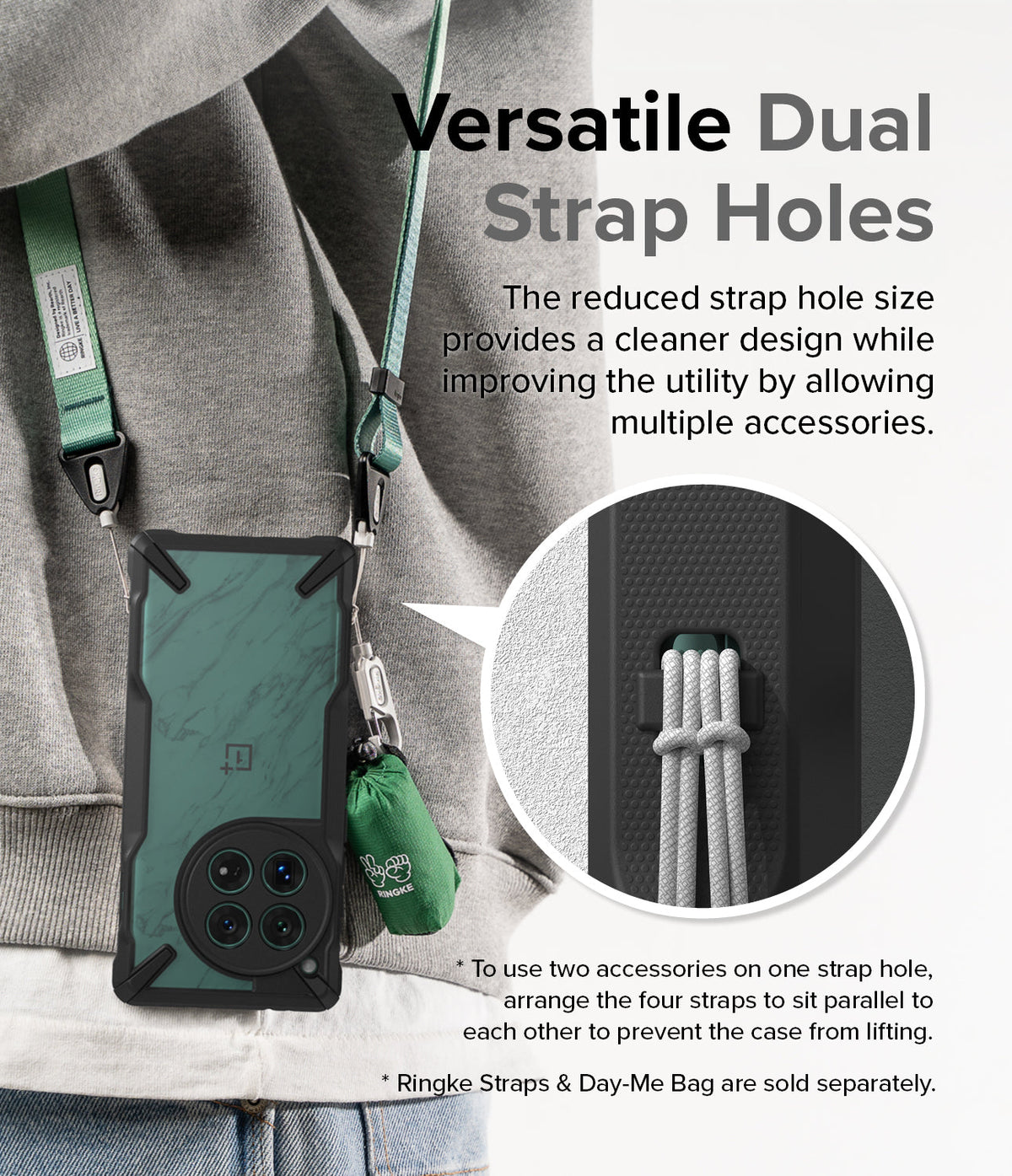 OnePlus 12 Case | Fusion-X - A phone in a green marble case with dual strap holes, showing accessories attached via lanyards.