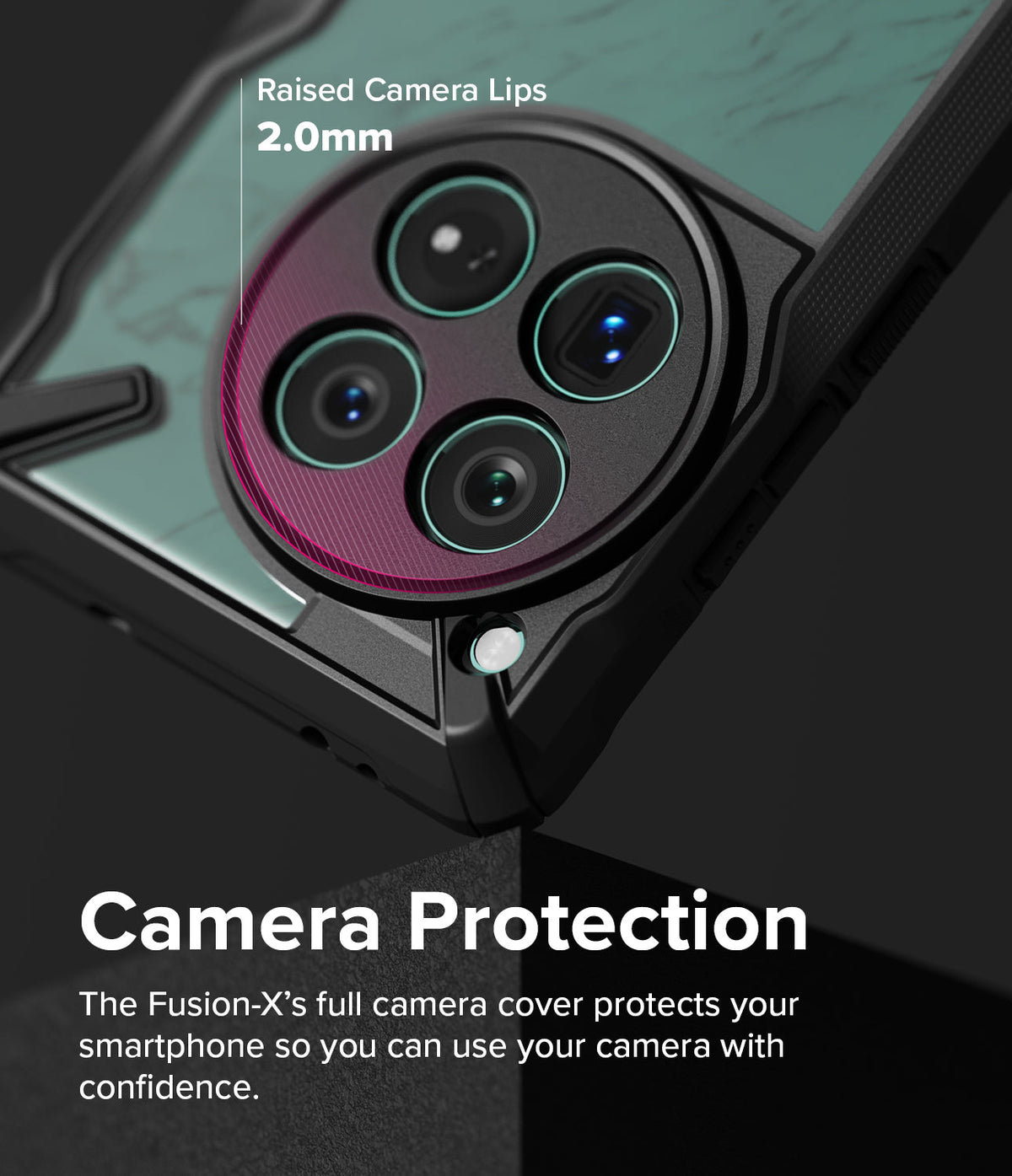 OnePlus 12 Case | Fusion-X - Close-up of phone case highlighting a 2.0mm raised lip around the circular camera module.
