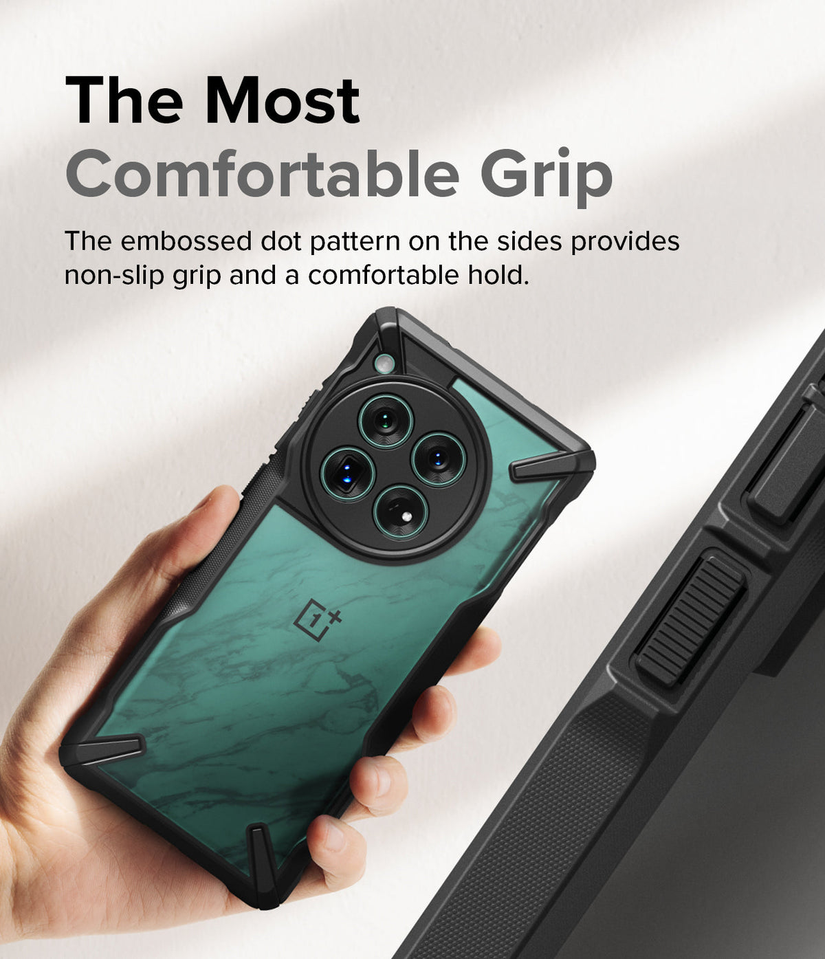 OnePlus 12 Case | Fusion-X - Hand holding a black phone case with a green marble back and textured side grips.