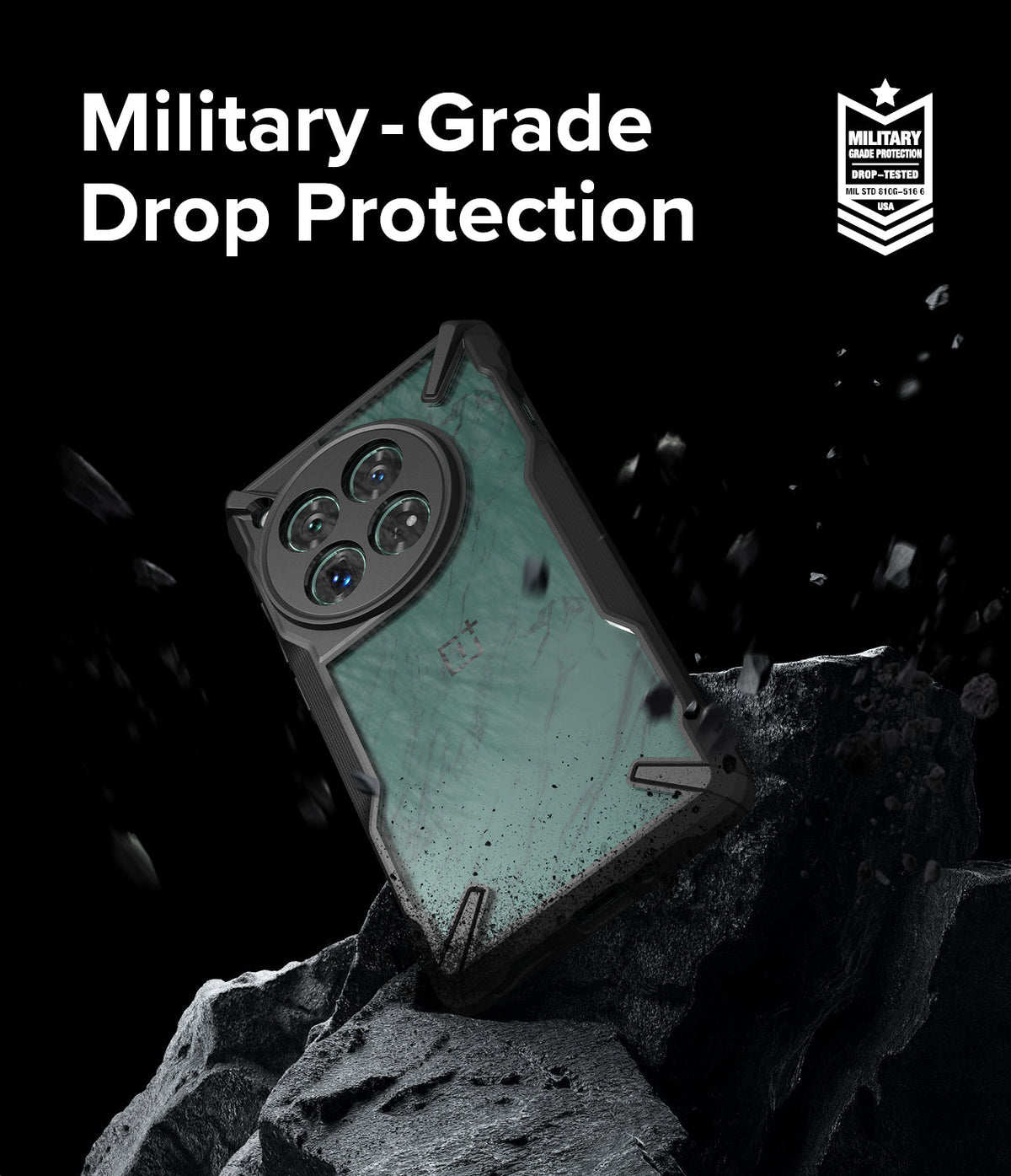 OnePlus 12 Case | Fusion-X - A teal marble-patterned phone case resting on jagged rocks with military-grade protection text.