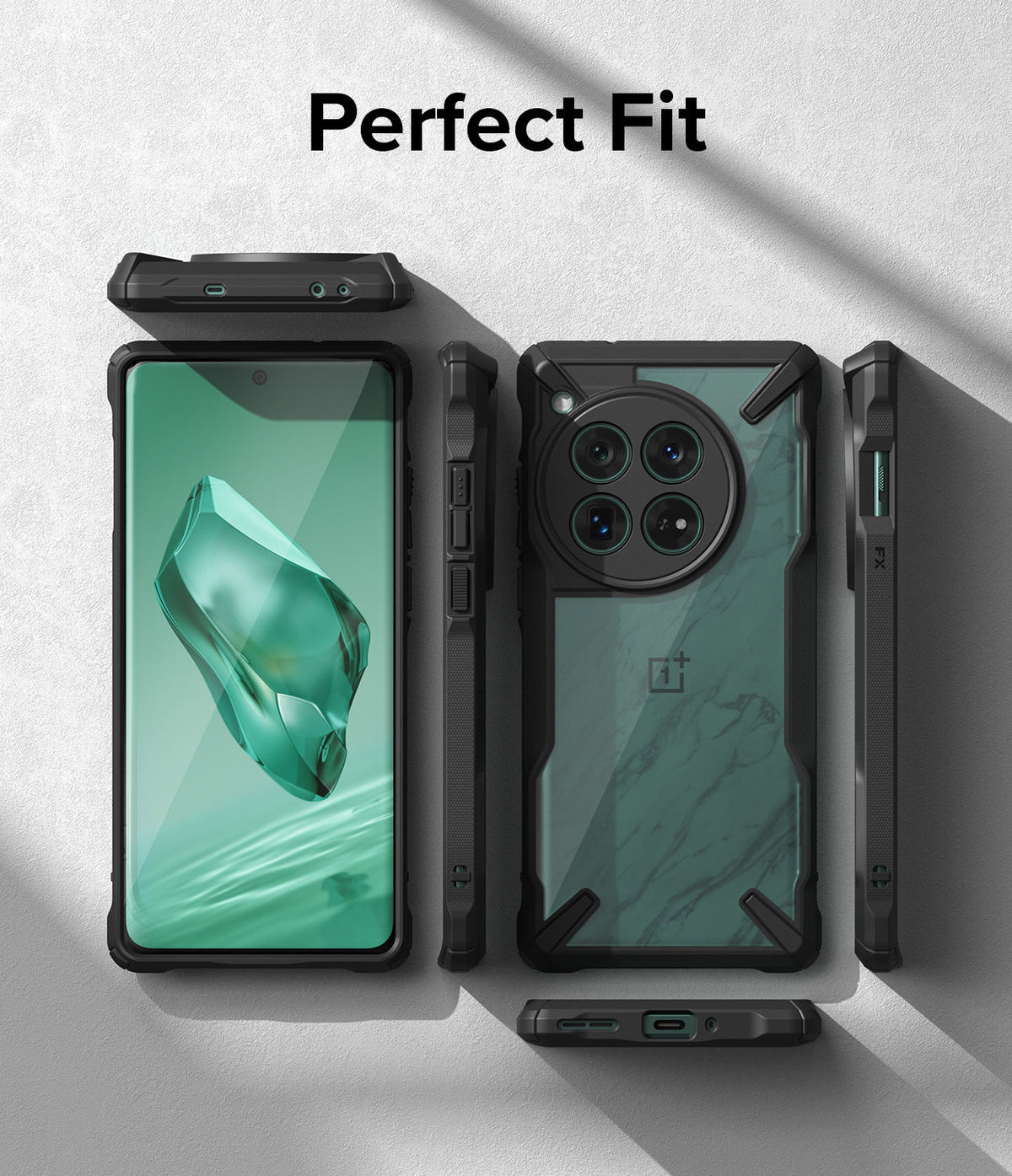 OnePlus 12 Case | Fusion-X - Multiple views of a black rugged phone case with a green marble-patterned back on a white surface.