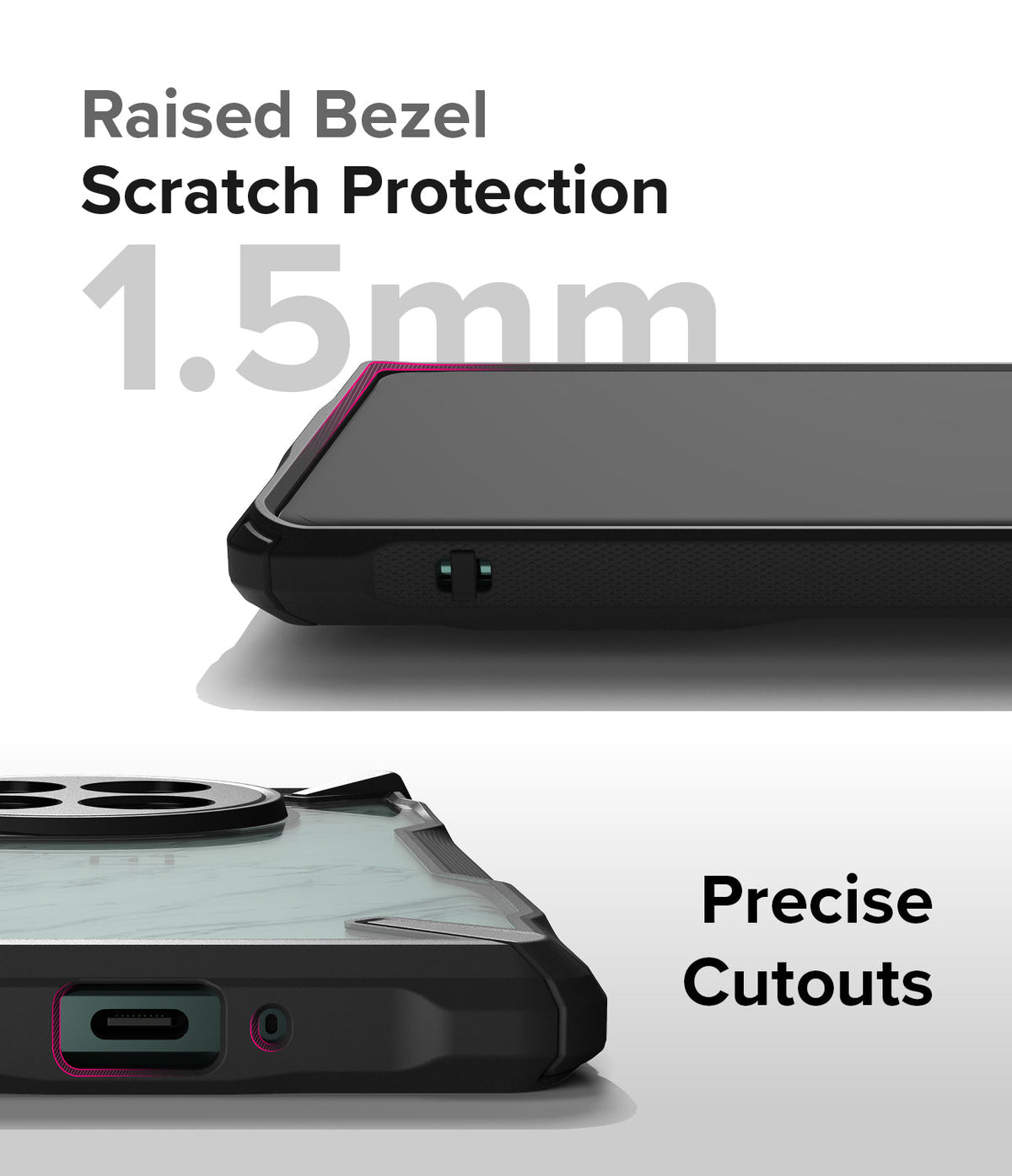 OnePlus 12 Case | Fusion-X - Close-up of phone case showing 1.5mm raised bezel for screen protection and precise port cutouts.