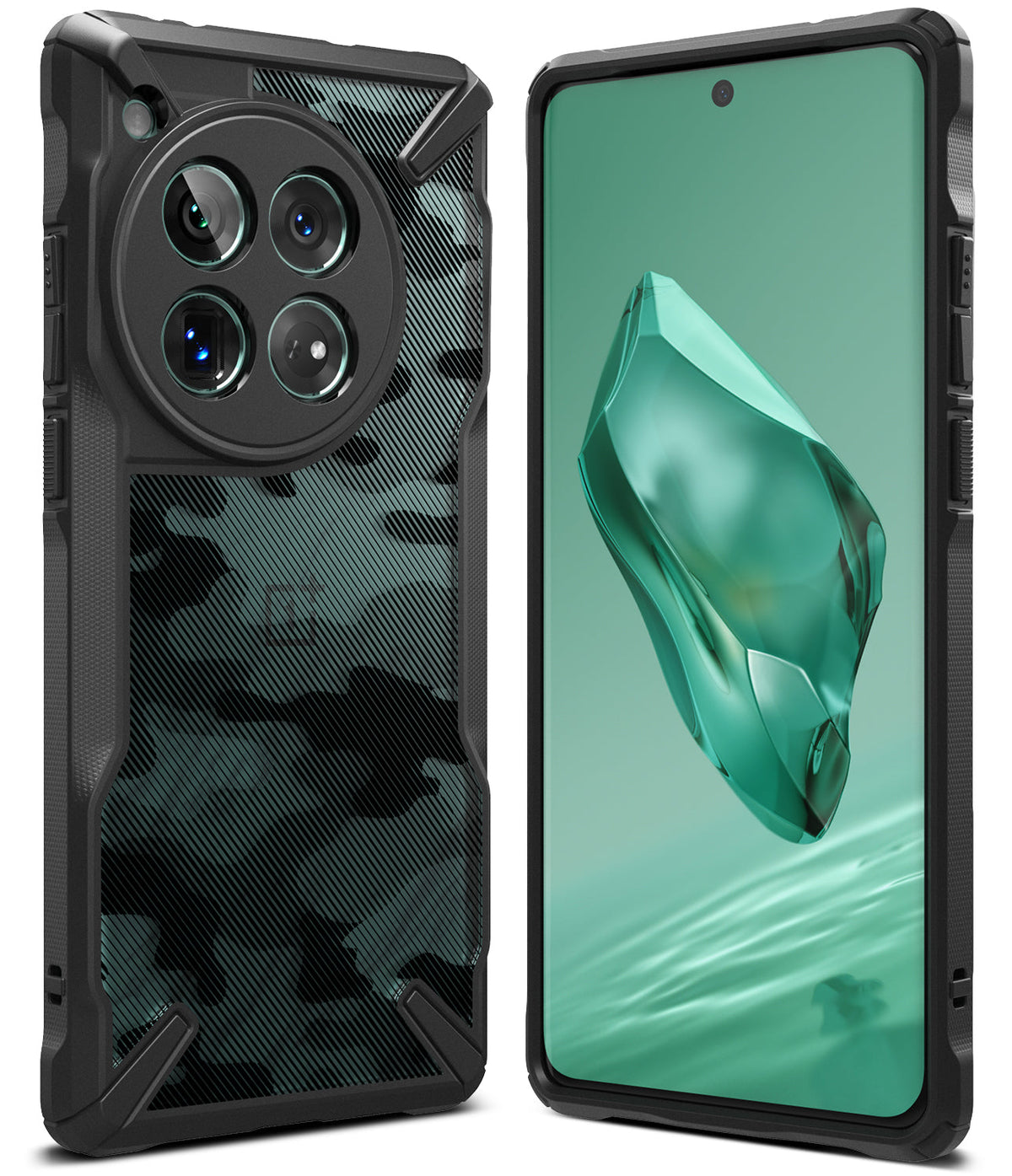 OnePlus 12 Case | Fusion-X - Rugged black phone case with camo back and circular camera cutout shown with front screen display.
