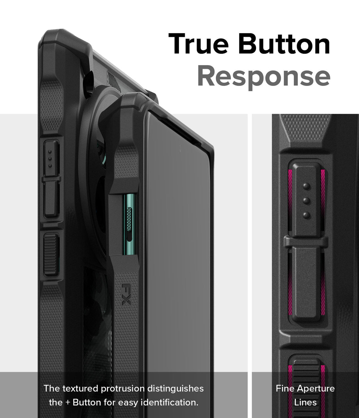 OnePlus 12 Case | Fusion-X - Close-up of phone case buttons showing textured protrusions and fine aperture lines for tactile response.