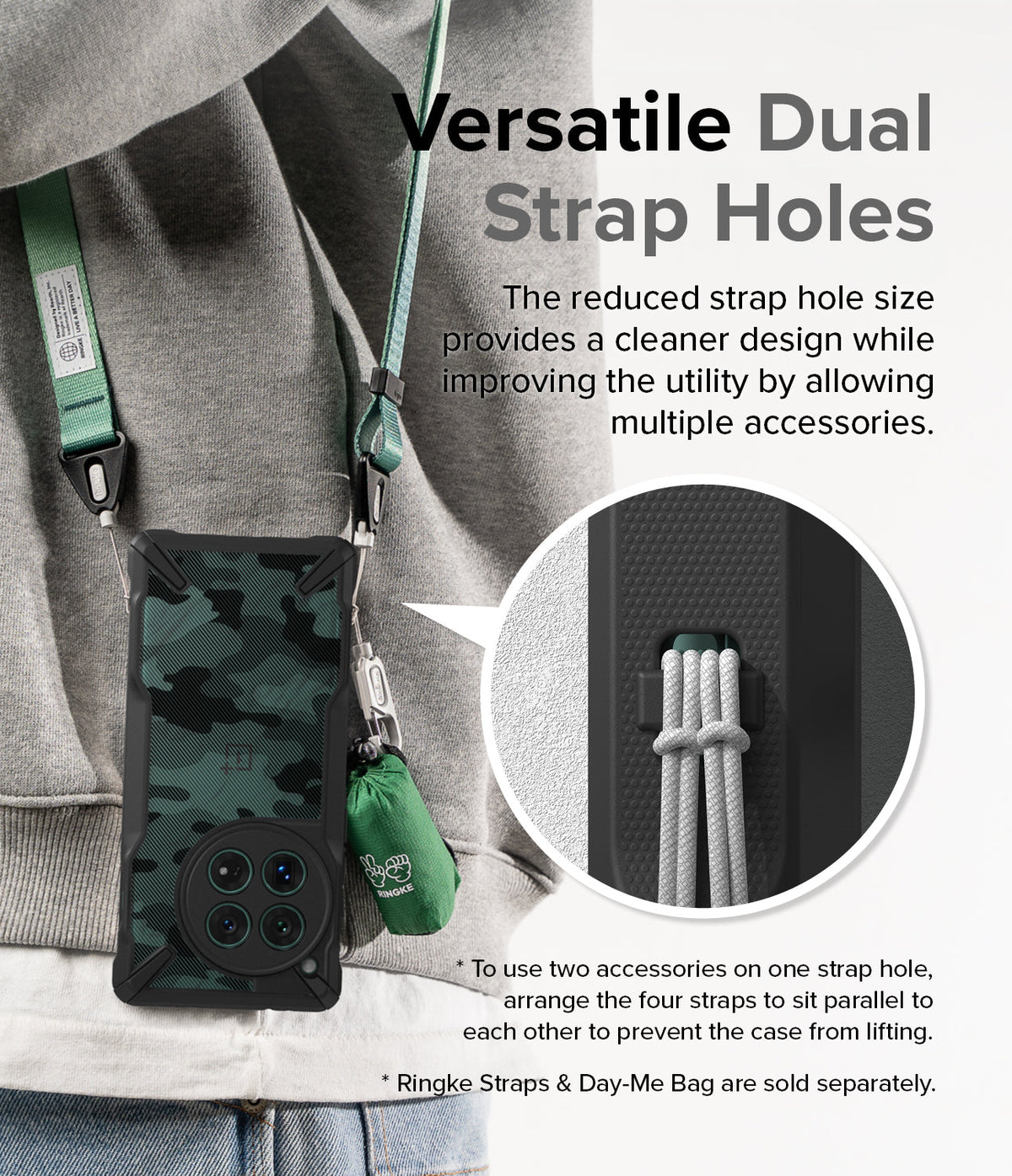 OnePlus 12 Case | Fusion-X - A camouflage phone case with dual strap holes attached to a green lanyard and a small accessory bag.