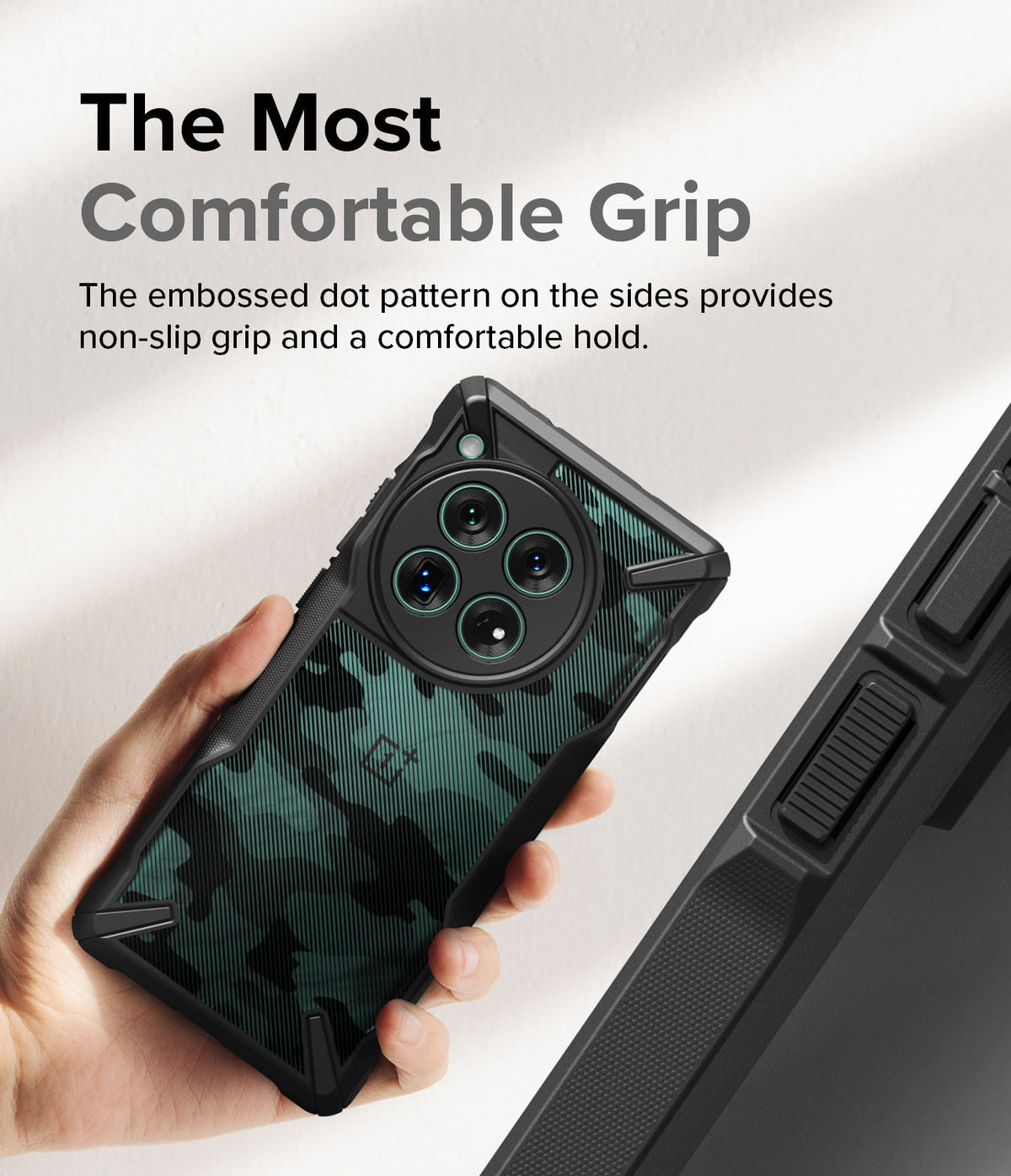 OnePlus 12 Case | Fusion-X - Hand holding a camo-patterned phone case with a textured, non-slip grip on the side edges.