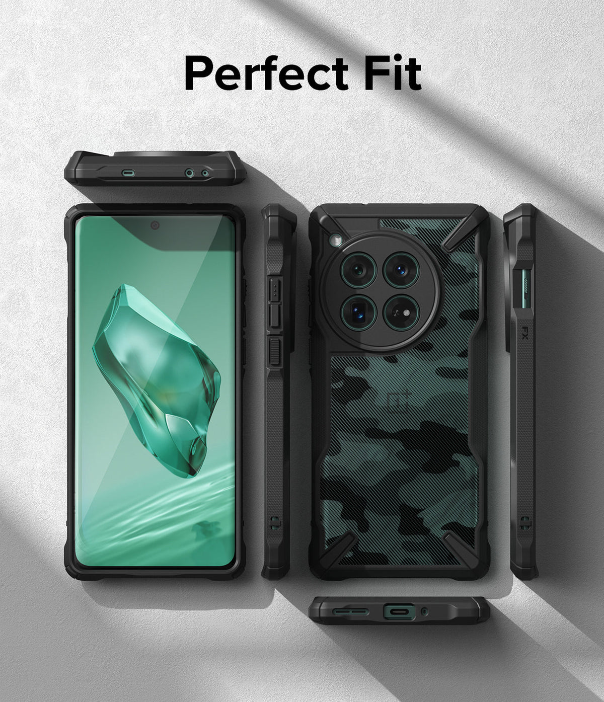 OnePlus 12 Case | Fusion-X - Multiple views of a rugged black phone case with a camouflage back pattern on a gray background.