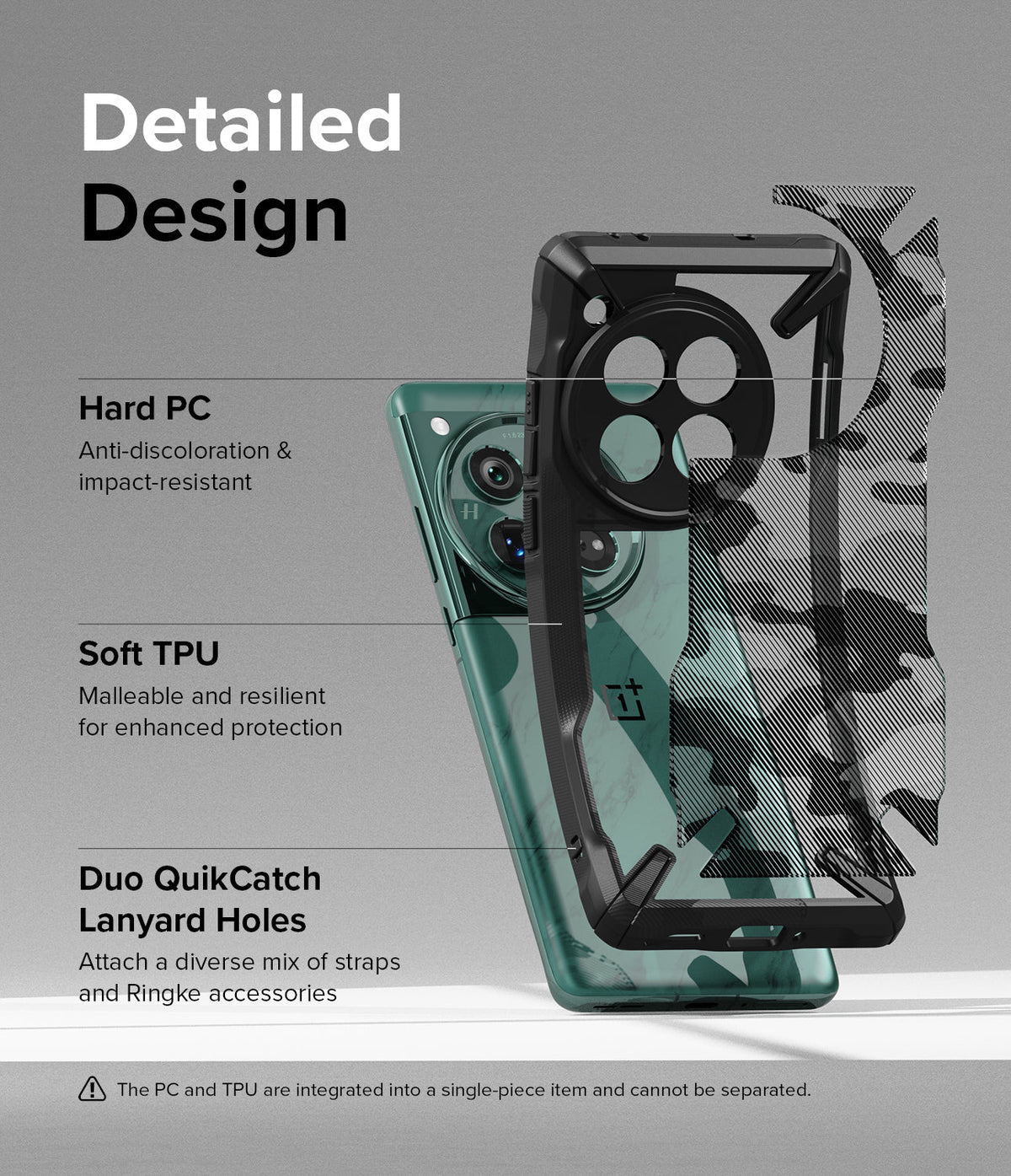 OnePlus 12 Case | Fusion-X - Exploded view of a OnePlus 12 phone case showing hard PC and soft TPU layers with lanyard holes.