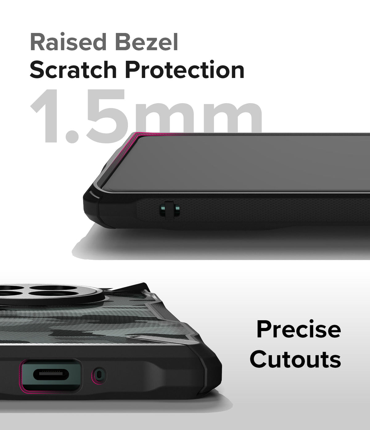 OnePlus 12 Case | Fusion-X - Close-up of phone case showing 1.5mm raised bezel for screen protection and precise port cutouts.