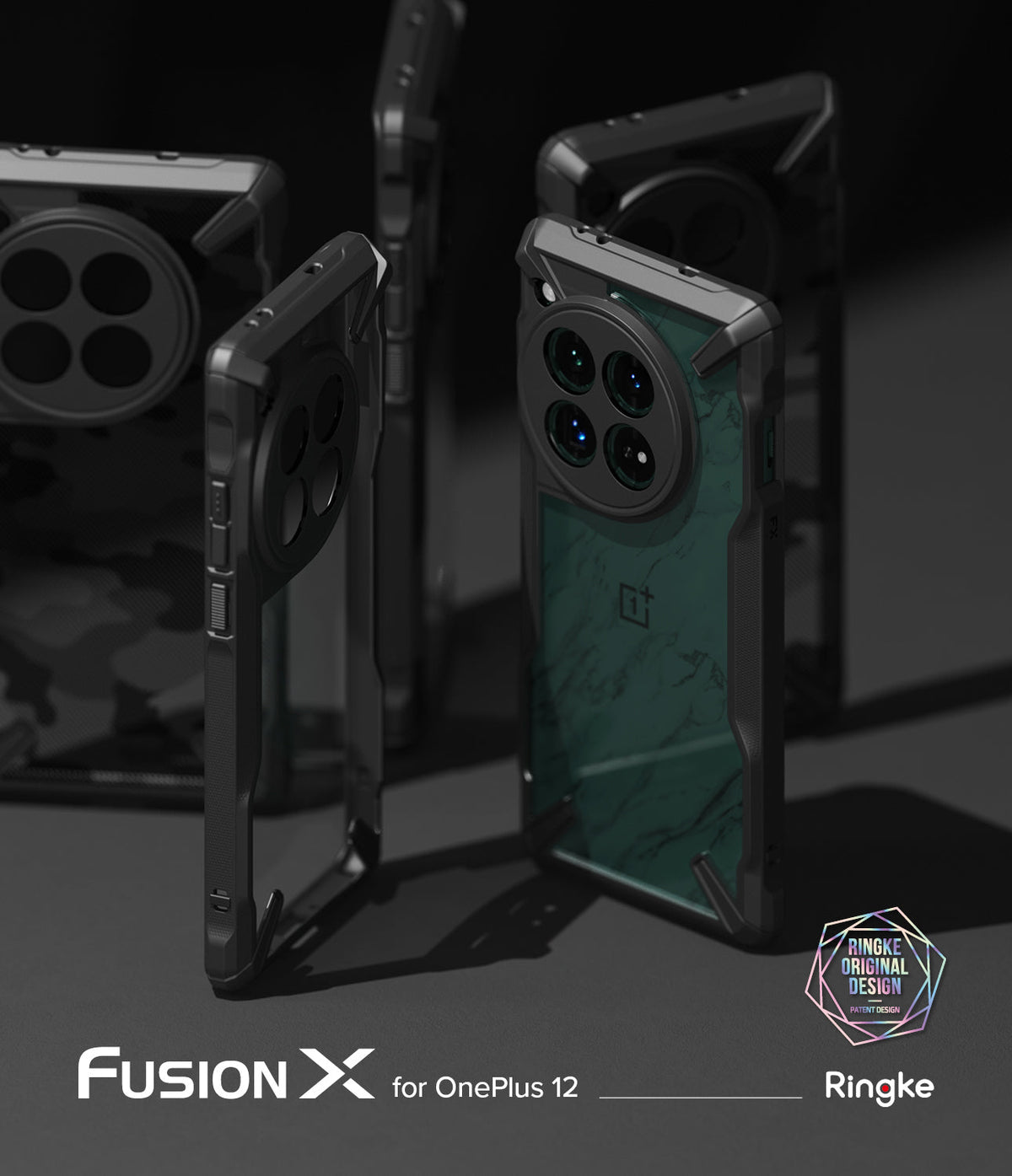 OnePlus 12 Case | Fusion-X - Multiple rugged black Fusion-X phone cases with green marble back panels arranged on a dark surface.