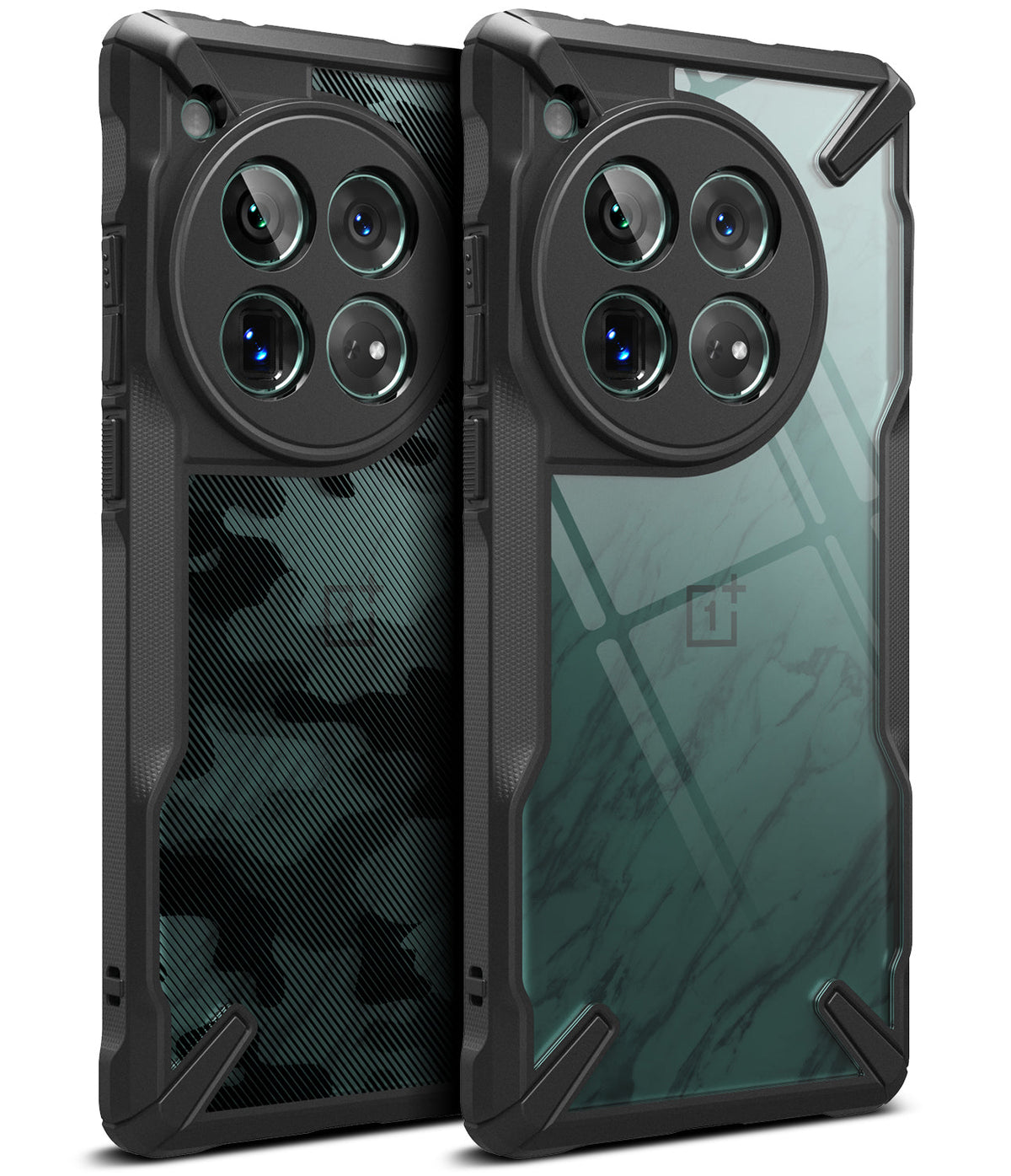 OnePlus 12 Case | Fusion-X - Two rugged black phone cases with circular camera cutouts, one with camo and one with marble back.