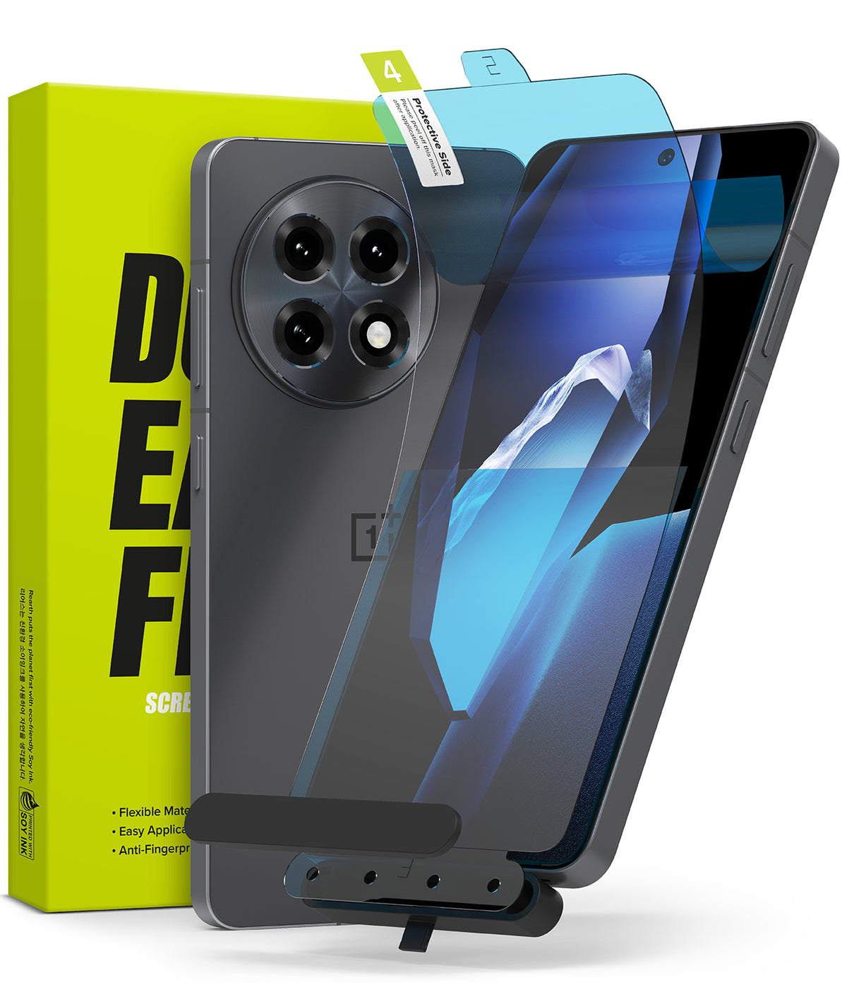 OnePlus 13R Screen Protector | Dual Easy Film - A OnePlus 13R phone with a screen protector being applied via an installation tool.