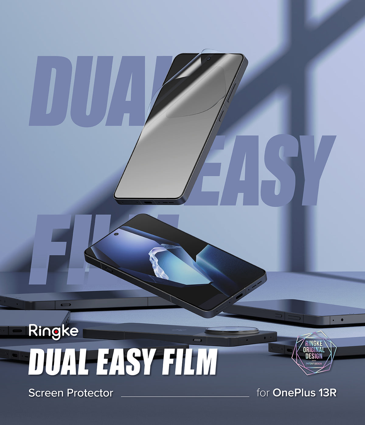 OnePlus 13R Screen Protector | Dual Easy Film - Floating OnePlus 13R phones with a clear screen protector film applied.