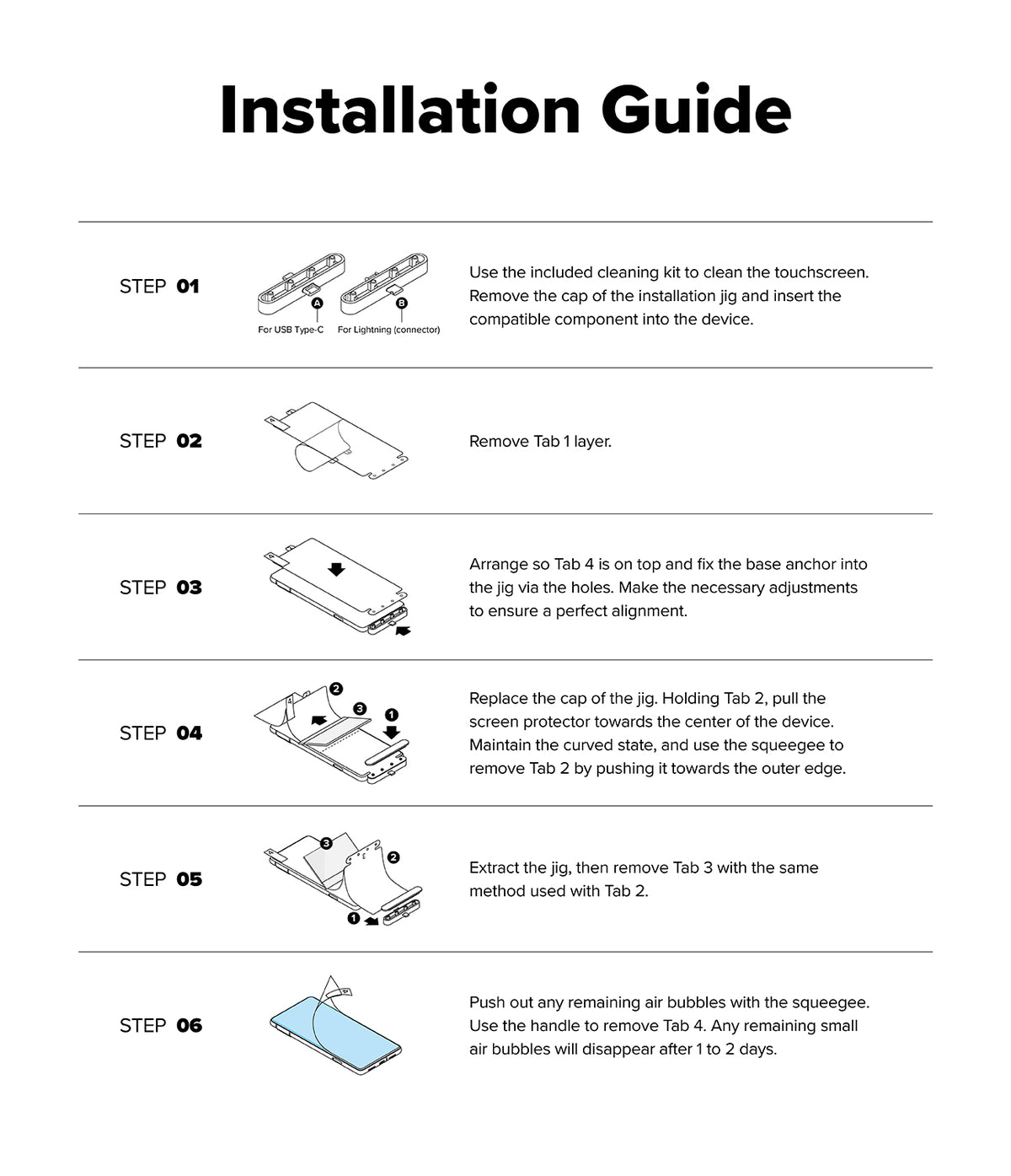 OnePlus 13R Screen Protector | Dual Easy Film - OnePlus 13R Screen Protector - Six-step illustrated guide for installing a screen protector using an alignment jig.