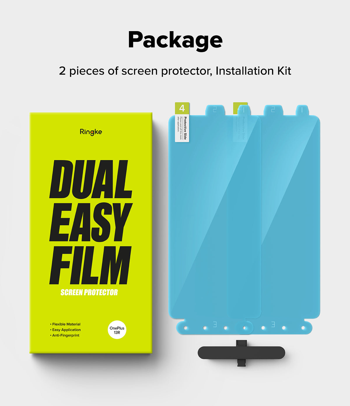 OnePlus 13R Screen Protector | Dual Easy Film - Bright yellow product box next to two blue screen protectors and a tool.