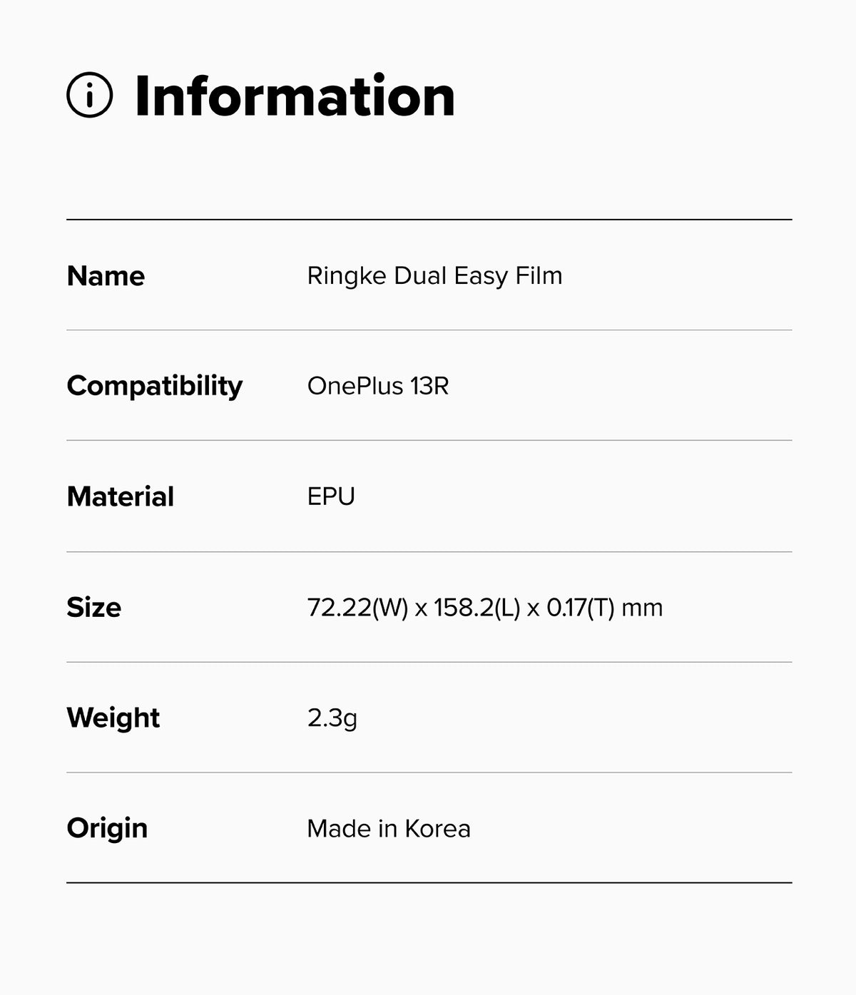 OnePlus 13R Screen Protector | Dual Easy Film - Information table listing product name, compatibility, material, size, weight, and origin.
