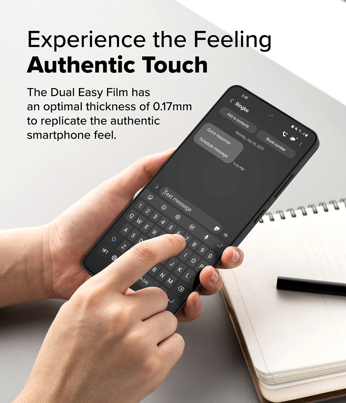 OnePlus 13R Screen Protector | Dual Easy Film - Hand using a smartphone with a thin screen protector and text overlay.