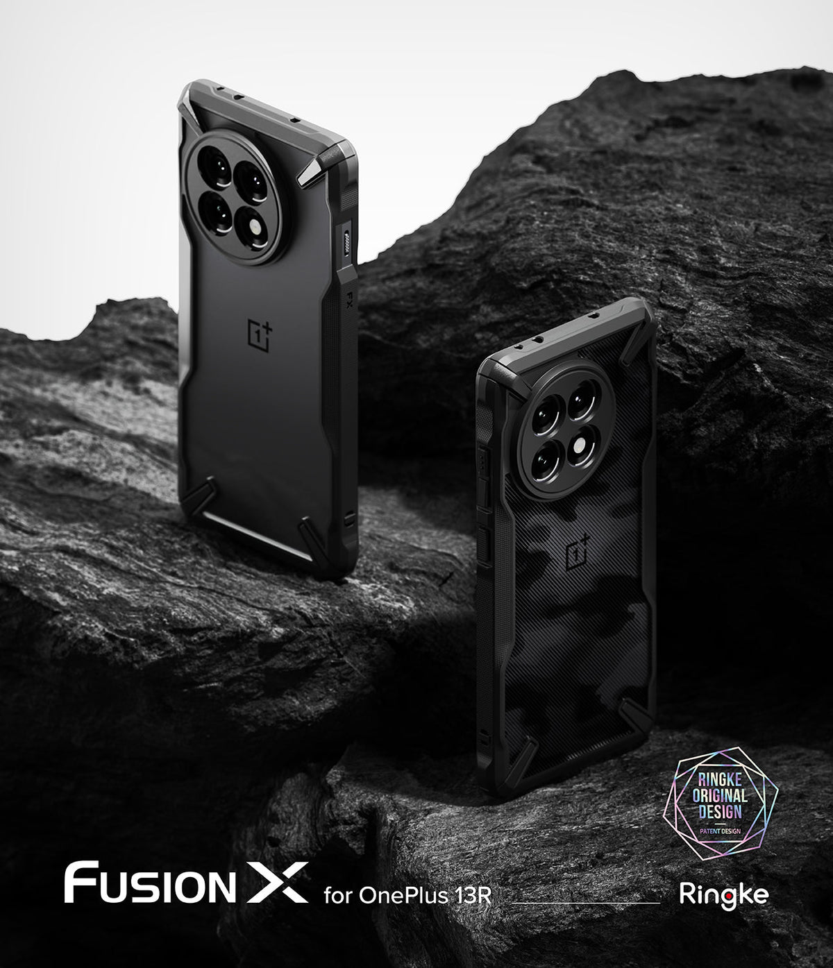 OnePlus 13R Case | Fusion-X - Two black Fusion-X cases for OnePlus 13R displayed on dark, rugged rock surfaces.