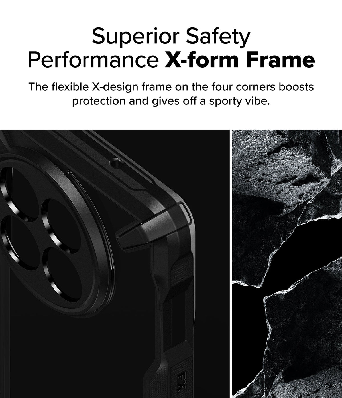 OnePlus 13R Case | Fusion-X - Close-up of a black phone case corner with an X-shaped frame design next to a rocky texture.