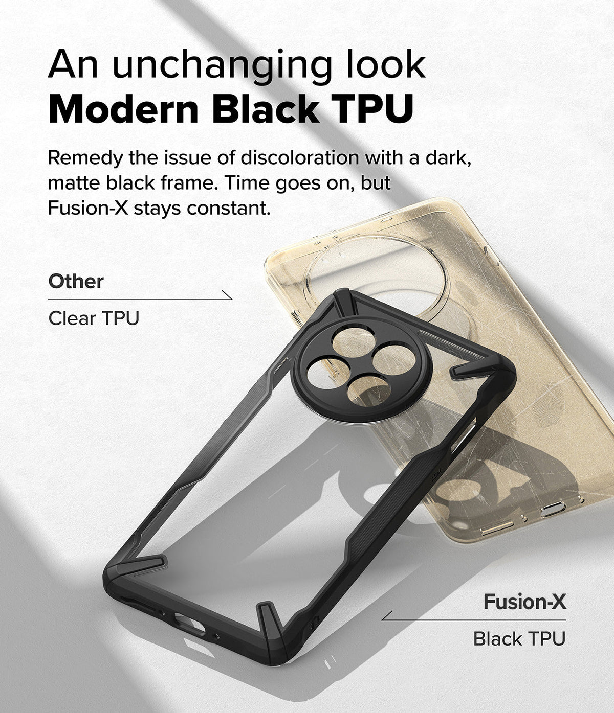 OnePlus 13R Case | Fusion-X - Comparison of a discolored clear case and a durable black Fusion-X case for OnePlus 13R.