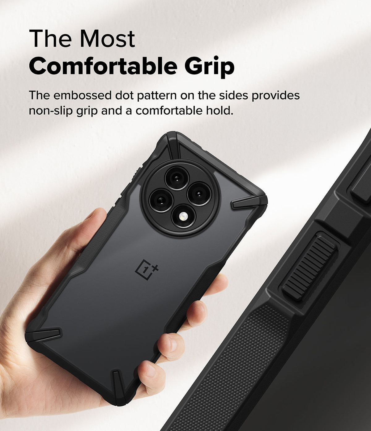 OnePlus 13R Case | Fusion-X - Hand holding a black phone case with a textured side grip and reinforced corner bumpers.