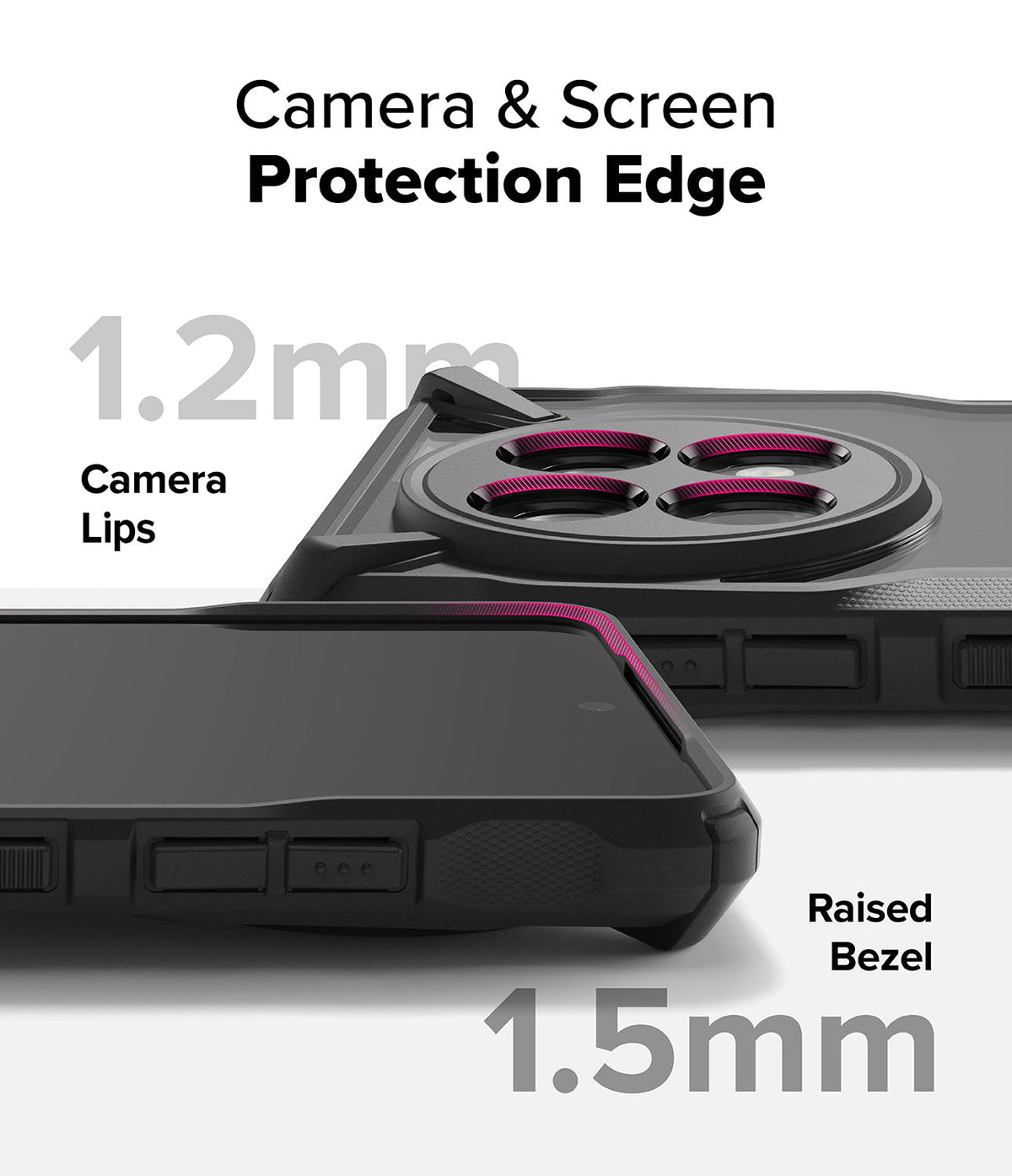 OnePlus 13R Case | Fusion-X - Close-up showing 1.2mm camera lip and 1.5mm raised screen bezel for device protection.