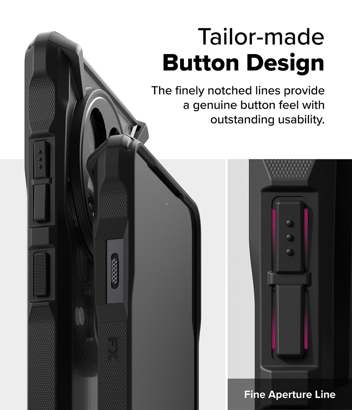 OnePlus 13R Case | Fusion-X - Close-up of a black phone case highlighting the textured, notched button design and aperture.