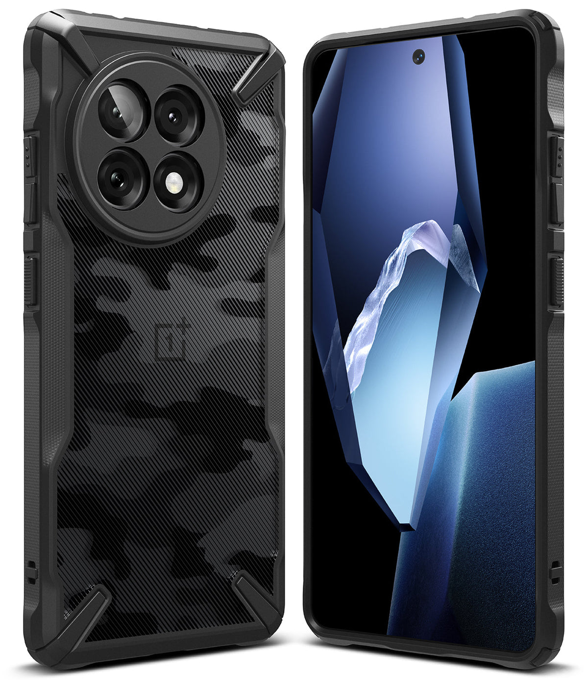OnePlus 13R Case | Fusion-X - Rugged black camo phone case shown from back and front with a blue abstract screen display.