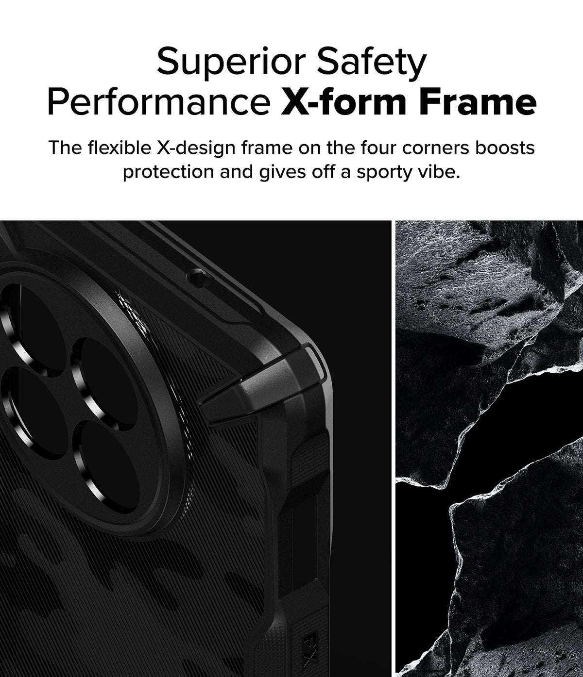 OnePlus 13R Case | Fusion-X - OnePlus 13R Case - Fusion-X - Close-up of a black phone case with a reinforced X-design corner next to a rocky texture.
