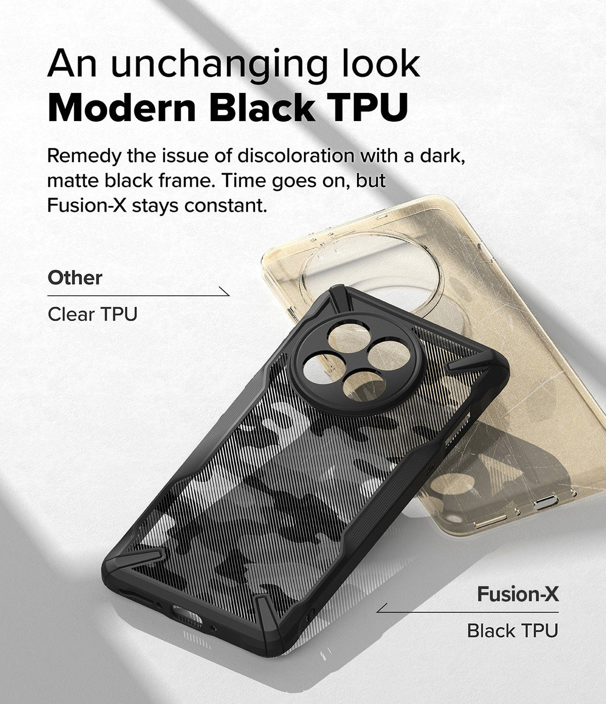 OnePlus 13R Case | Fusion-X - Comparison of a yellowed clear case and a durable black Fusion-X case for OnePlus 13R.