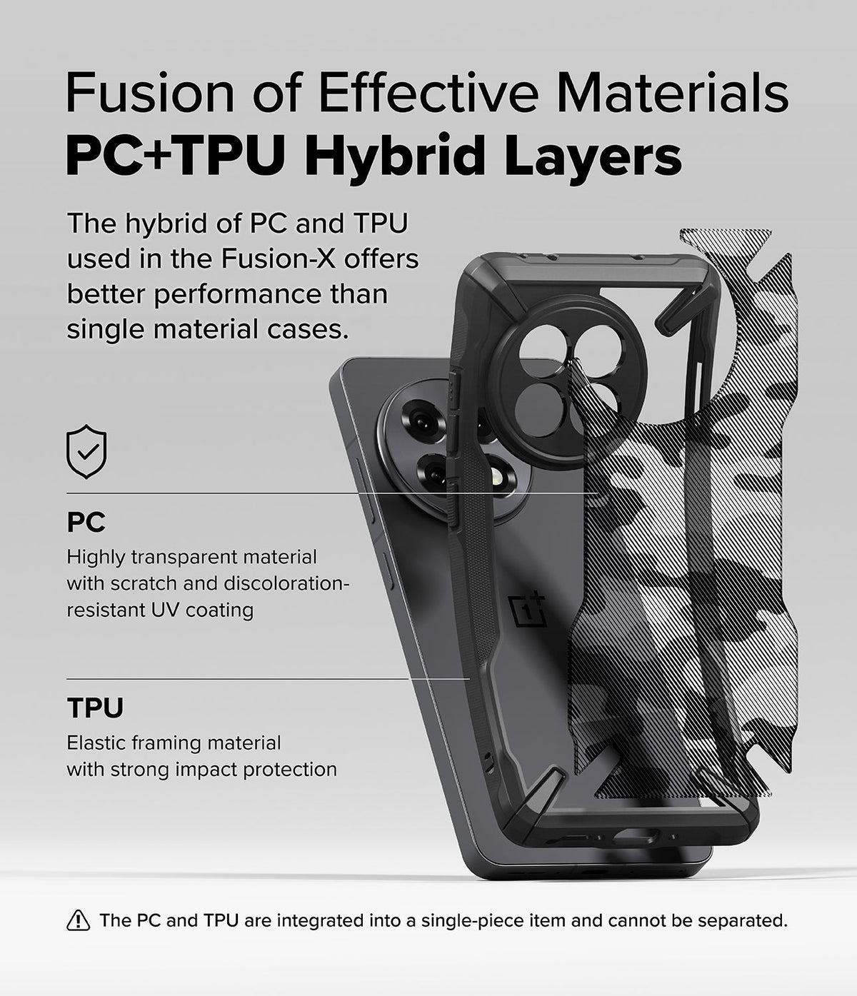 OnePlus 13R Case | Fusion-X - Exploded view of a hybrid PC and TPU phone case showing its layered material construction.