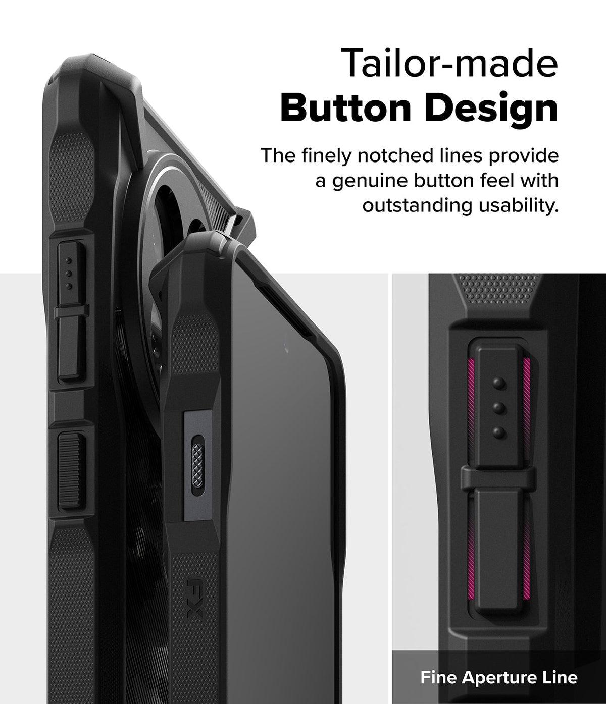 OnePlus 13R Case | Fusion-X - Close-up of black phone case buttons with textured, notched surfaces for tactile feedback.
