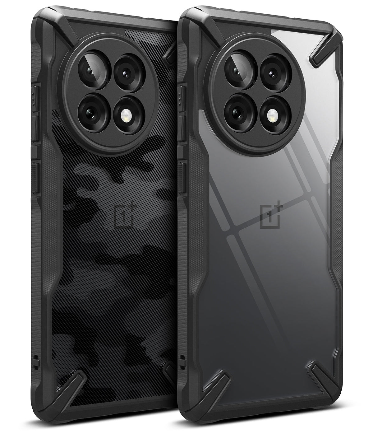 OnePlus 13R Case | Fusion-X - Two rugged black phone cases with circular camera cutouts, one camo and one clear back.