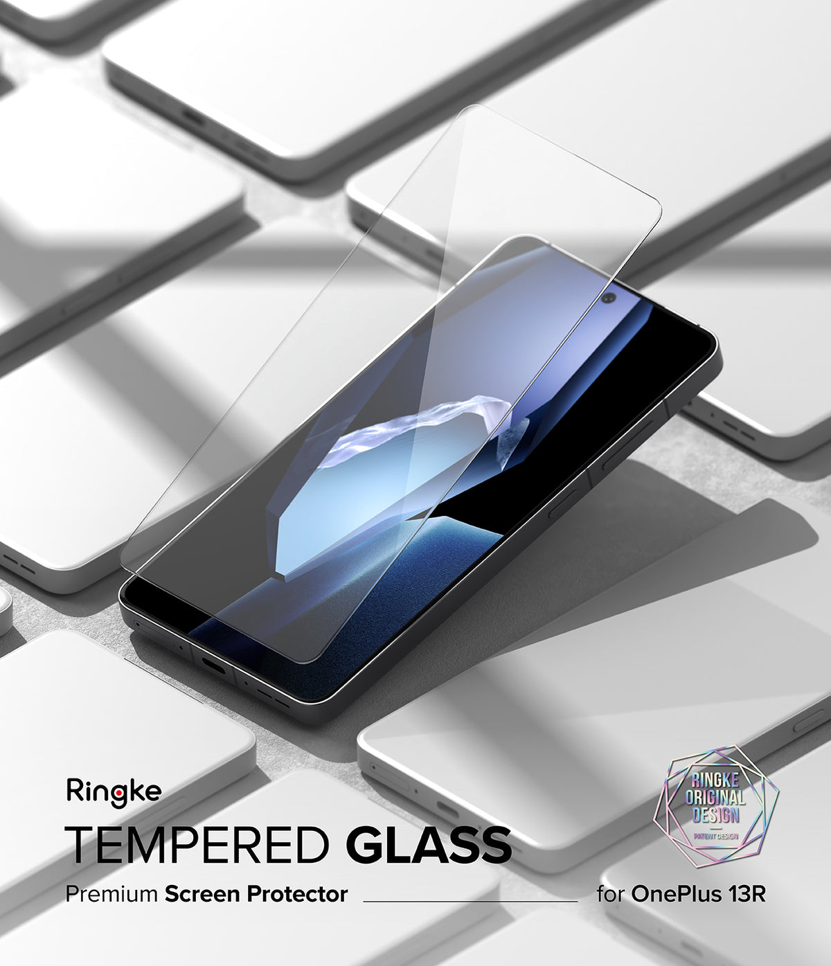 OnePlus 13R Screen Protector | Tempered Glass - Tempered glass sheet hovering above a smartphone screen surrounded by white phone models.