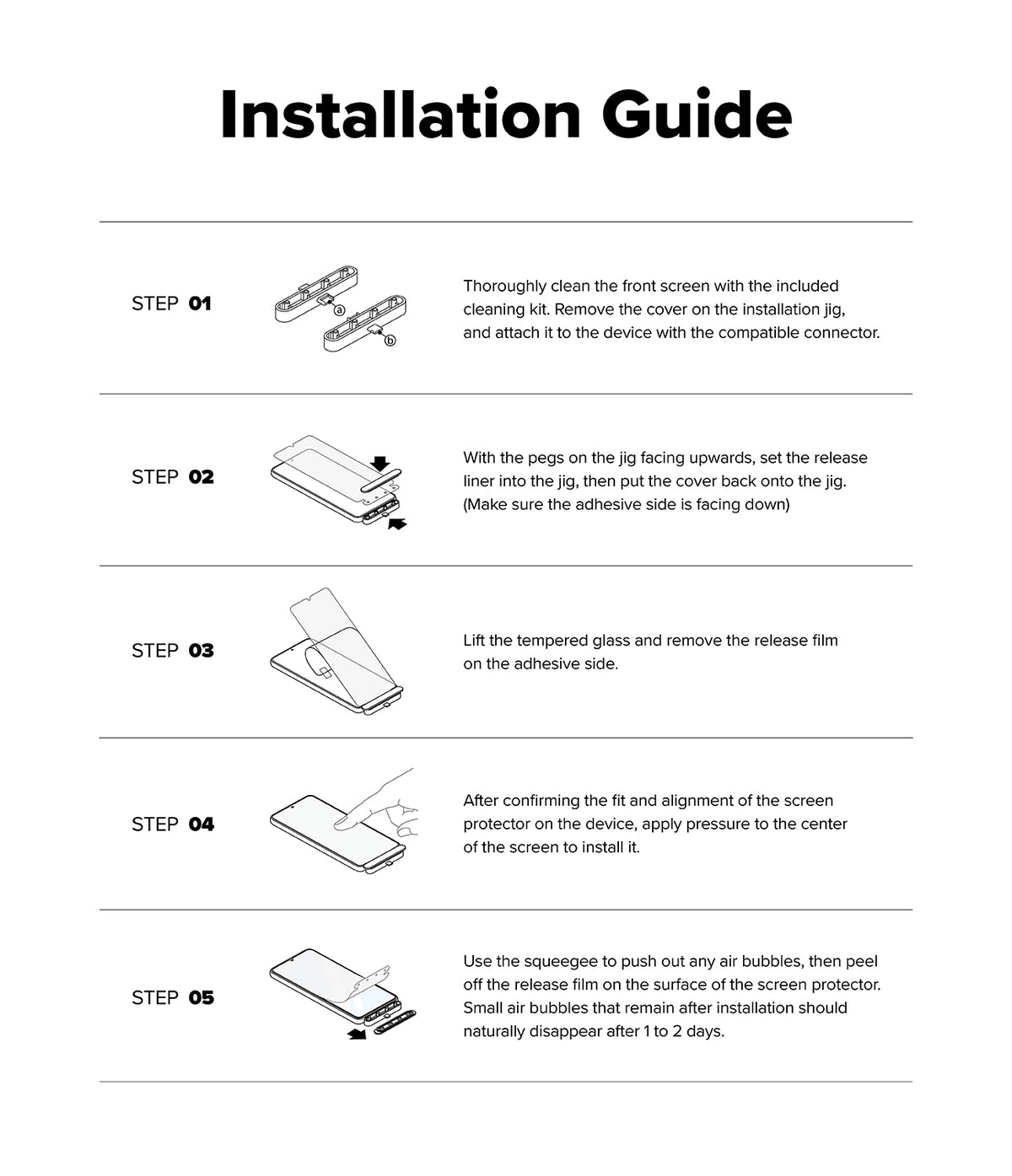 OnePlus 13R Screen Protector | Tempered Glass - Five-step illustrated guide showing how to install a tempered glass screen protector.