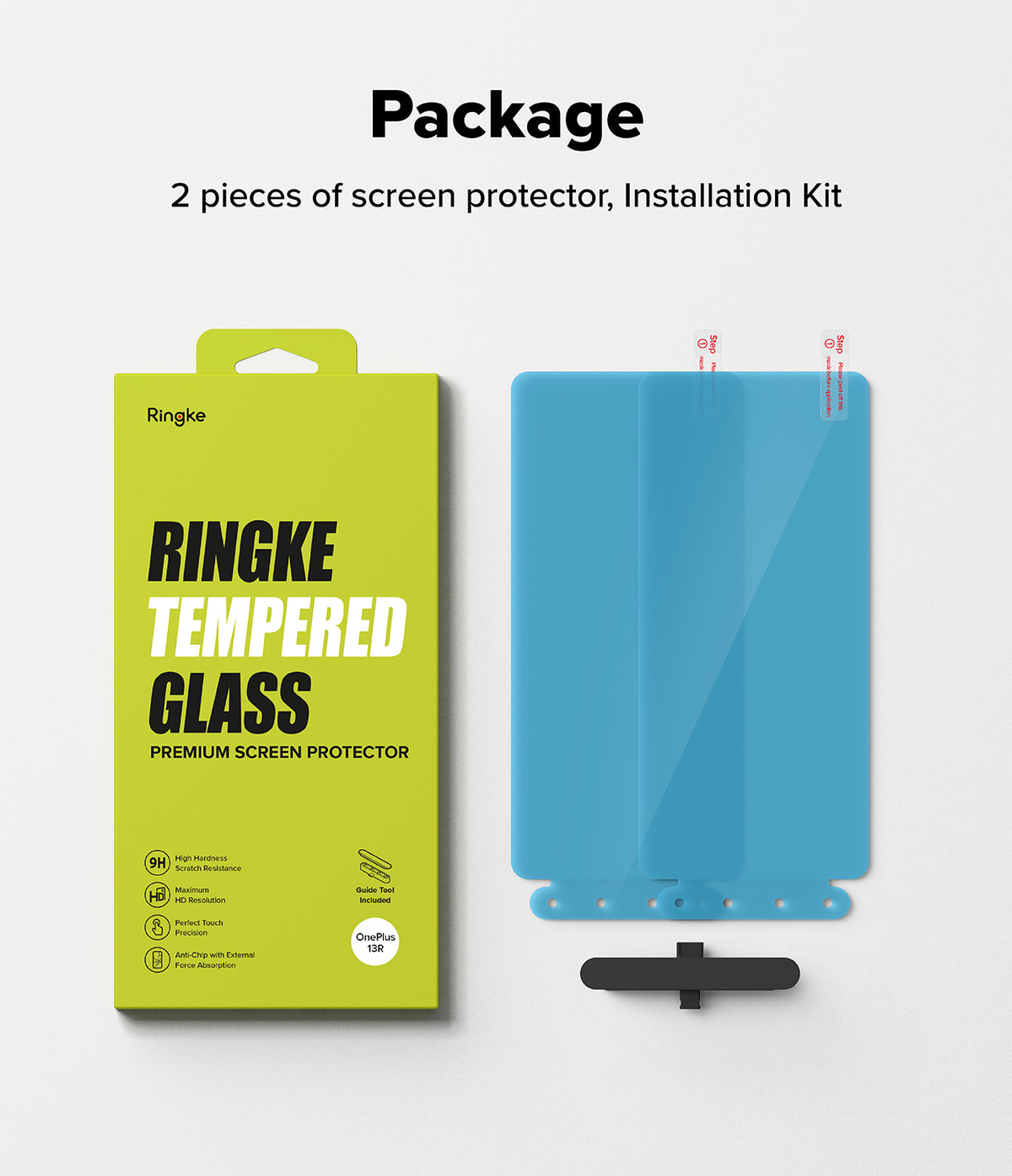 OnePlus 13R Screen Protector | Tempered Glass - Ringke tempered glass packaging with two blue screen protectors and an installation tool.