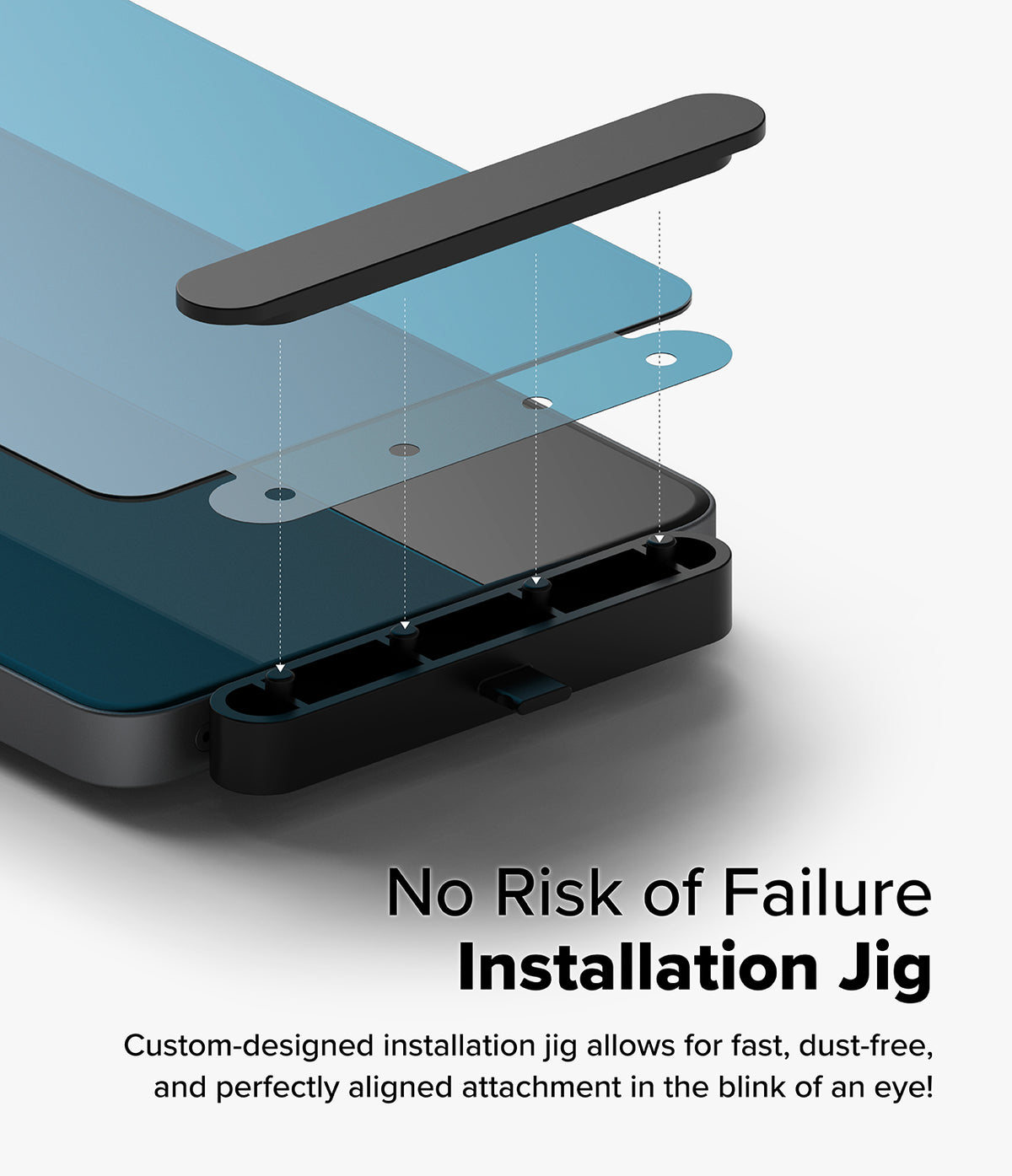 OnePlus 13R Screen Protector | Tempered Glass - Tempered glass aligning with a smartphone screen using a black plastic installation jig.